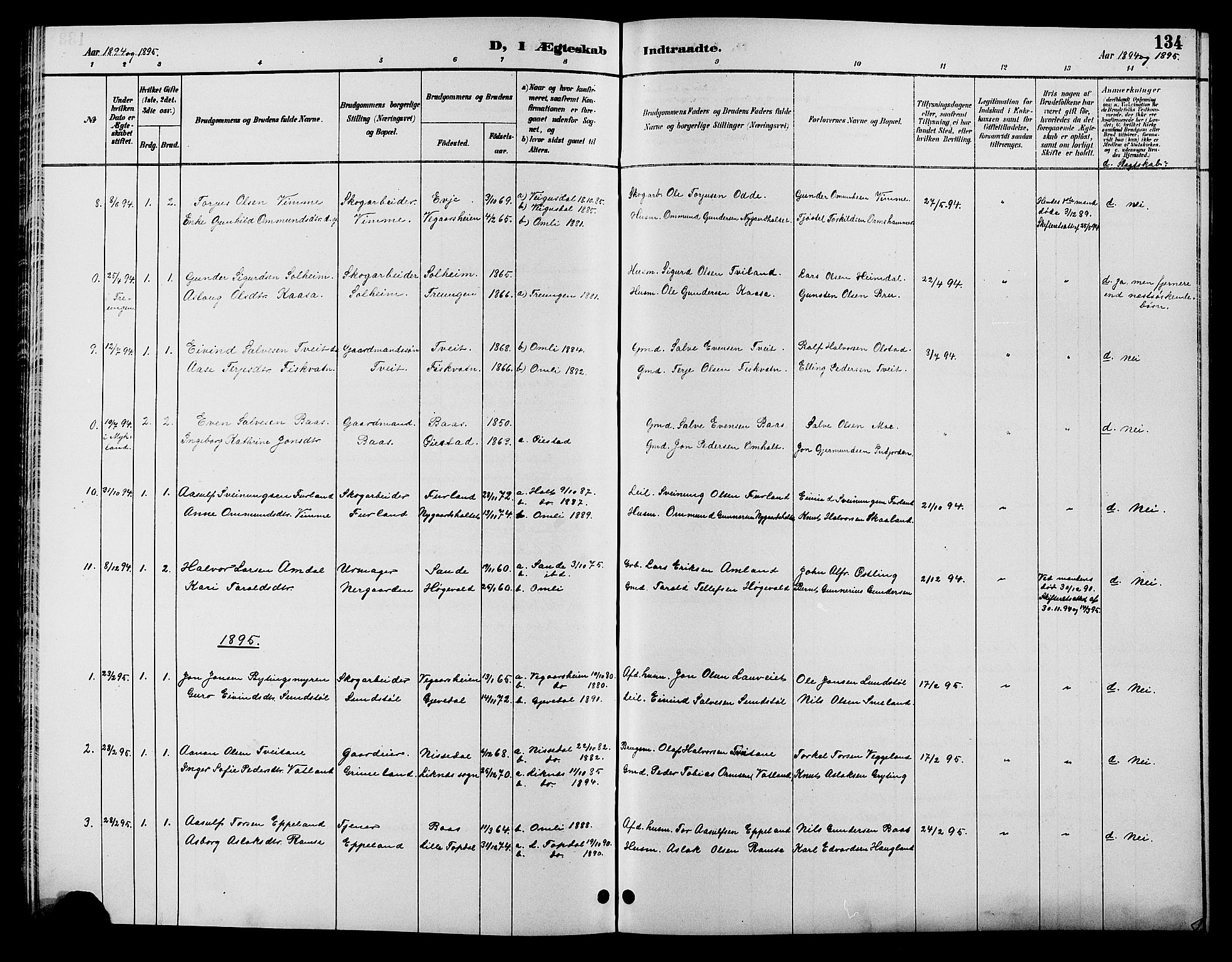 Åmli sokneprestkontor, SAK/1111-0050/F/Fb/Fbc/L0004: Klokkerbok nr. B 4, 1889-1902, s. 134