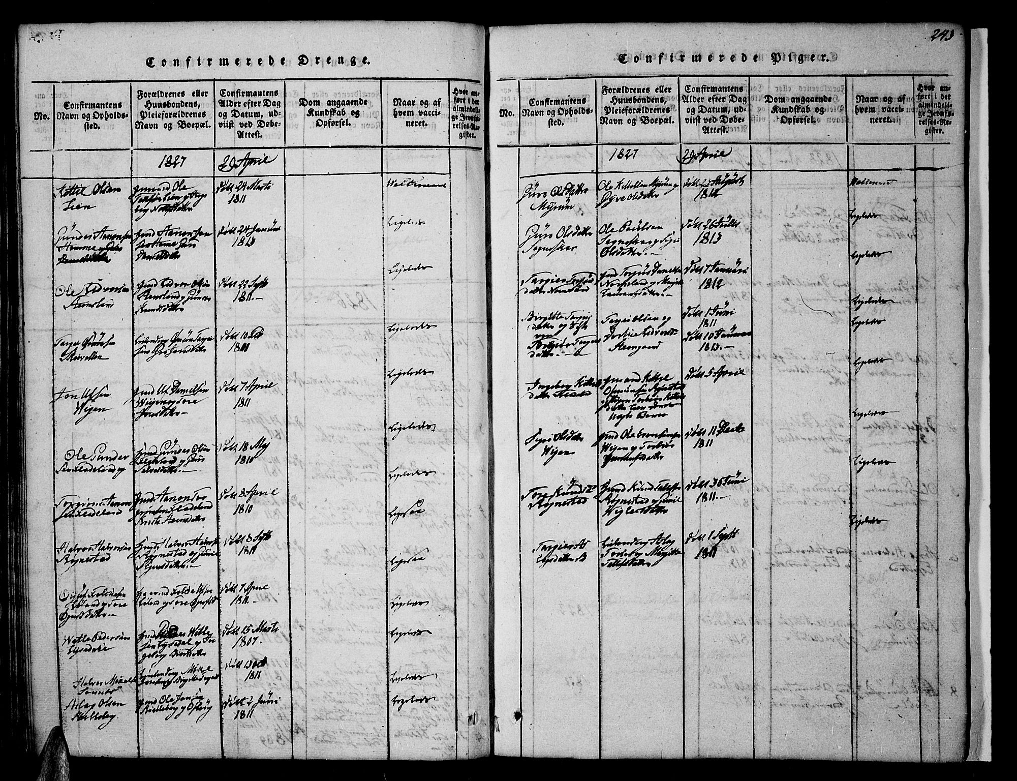 Valle sokneprestkontor, AV/SAK-1111-0044/F/Fb/Fbc/L0001: Klokkerbok nr. B 1 /1, 1816-1829, s. 243