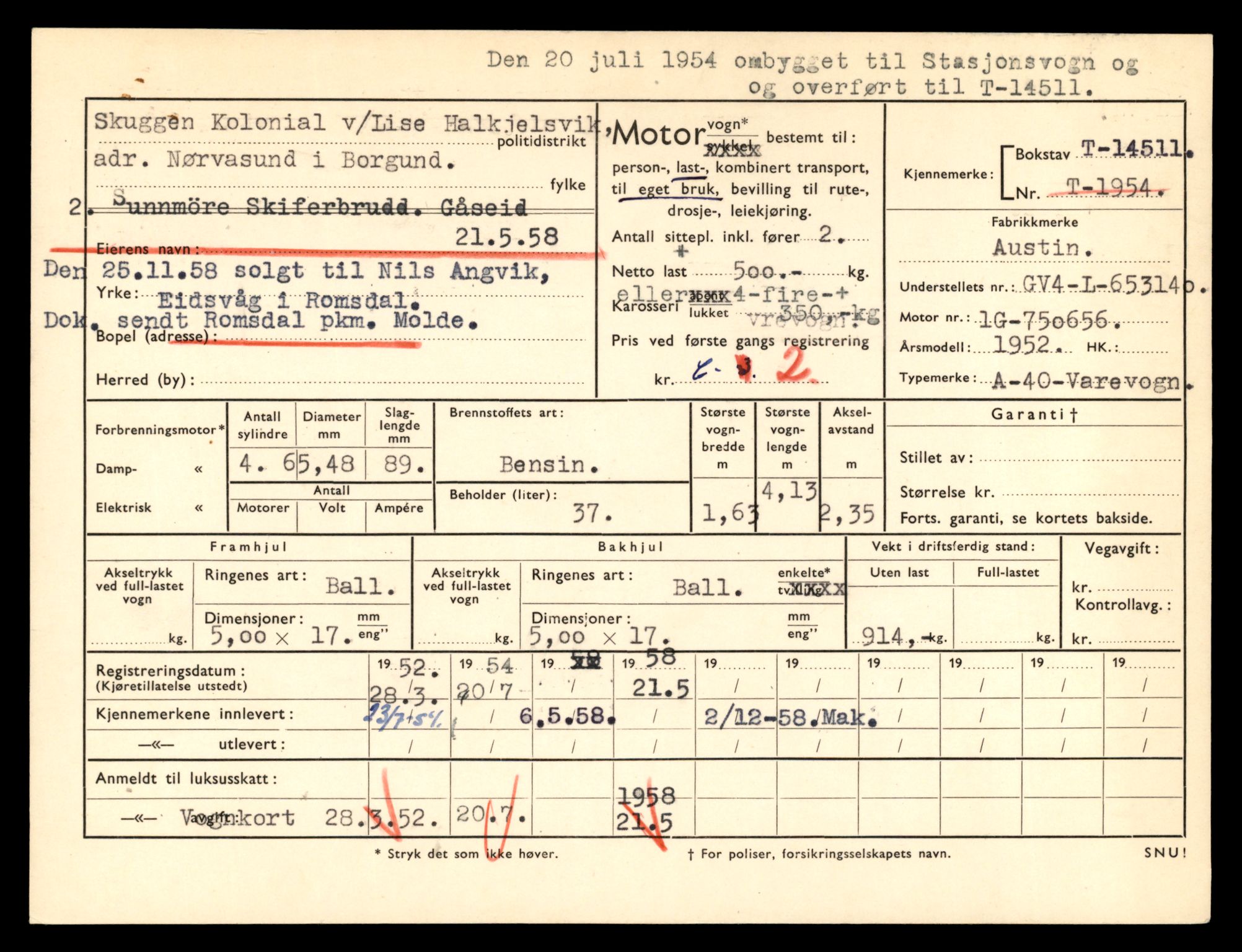 Møre og Romsdal vegkontor - Ålesund trafikkstasjon, AV/SAT-A-4099/F/Fe/L0046: Registreringskort for kjøretøy T 14445 - T 14579, 1927-1998