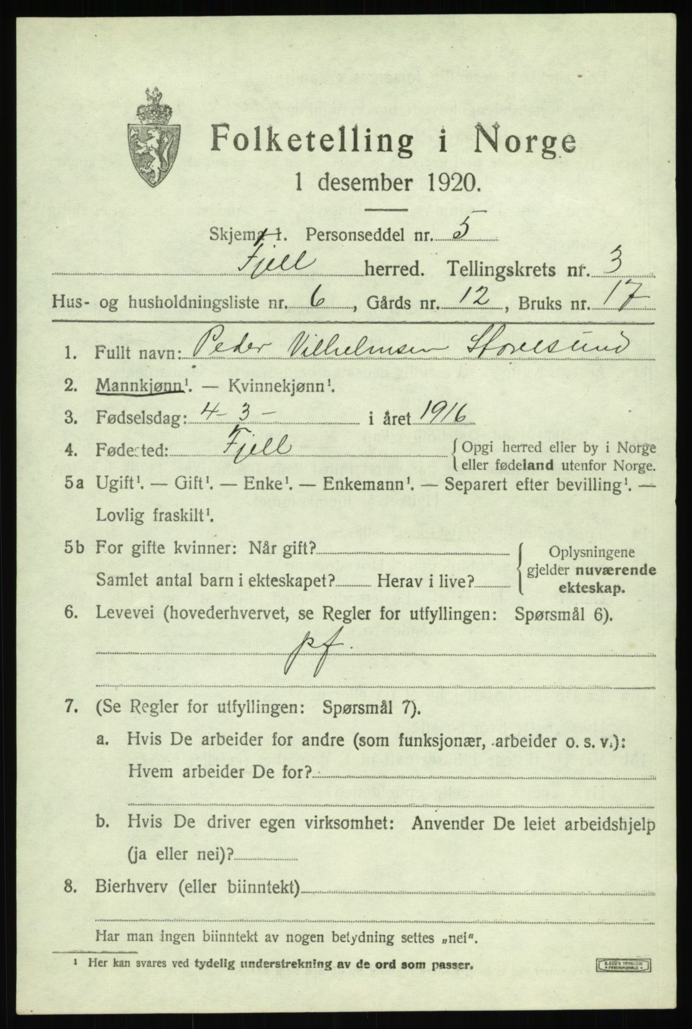 SAB, Folketelling 1920 for 1246 Fjell herred, 1920, s. 3042