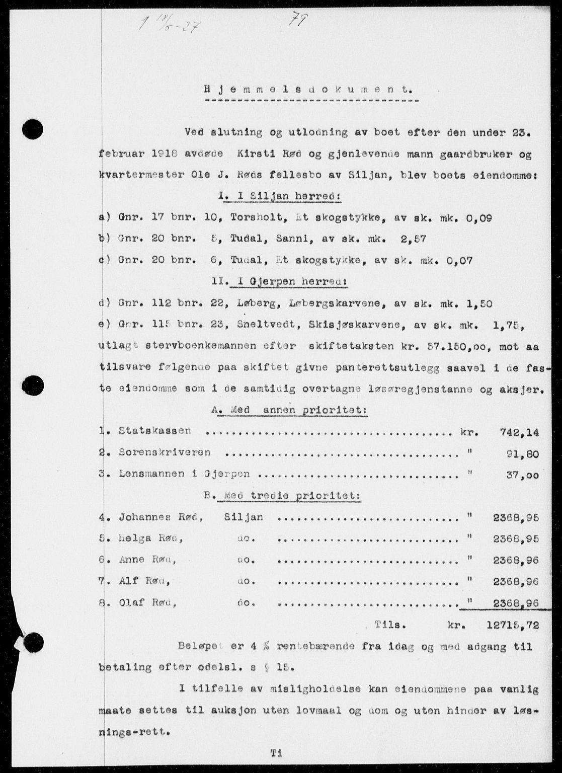 Gjerpen sorenskriveri, SAKO/A-216/G/Ga/Gaa/L0048: Pantebok nr. I 48 og 50-51, 1926-1928, Tingl.dato: 18.05.1927