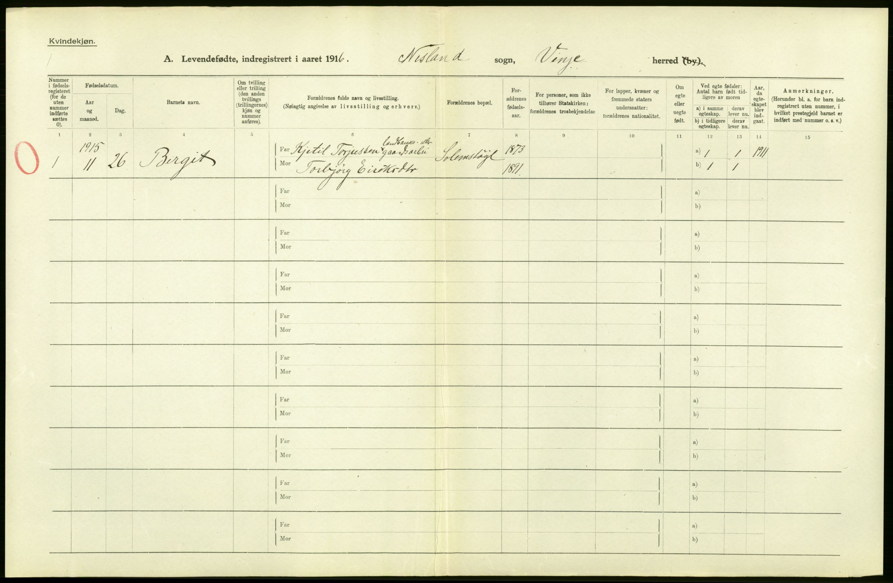 Statistisk sentralbyrå, Sosiodemografiske emner, Befolkning, AV/RA-S-2228/D/Df/Dfb/Dfbf/L0022: Bratsberg amt: Levendefødte menn og kvinner. Bygder., 1916, s. 10