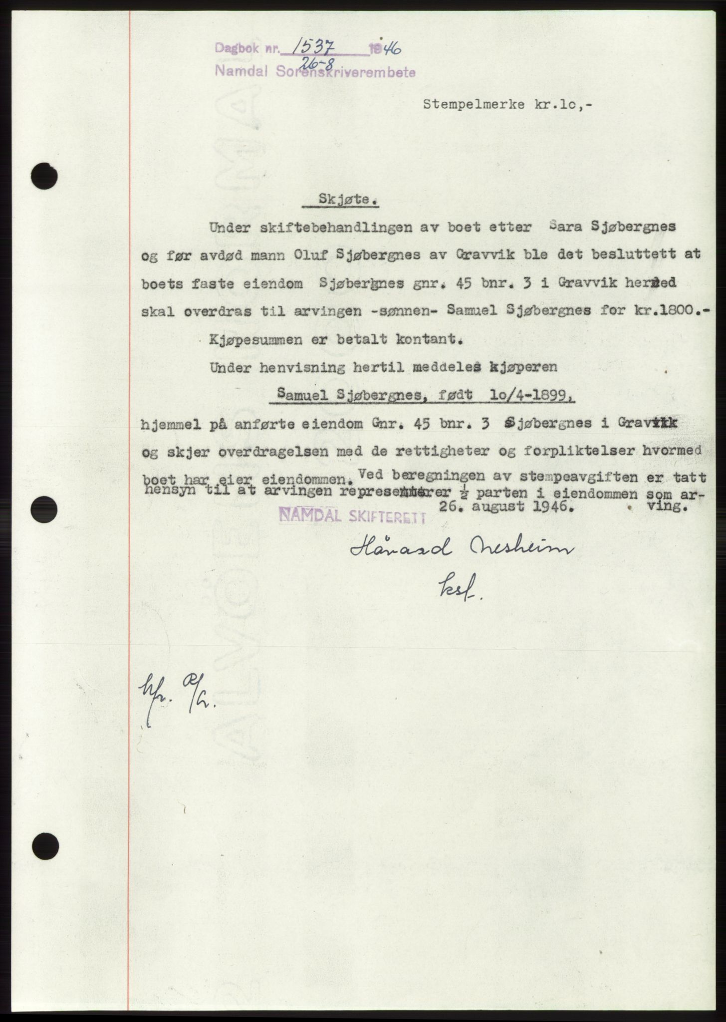 Namdal sorenskriveri, SAT/A-4133/1/2/2C: Pantebok nr. -, 1946-1946, Dagboknr: 1537/1946