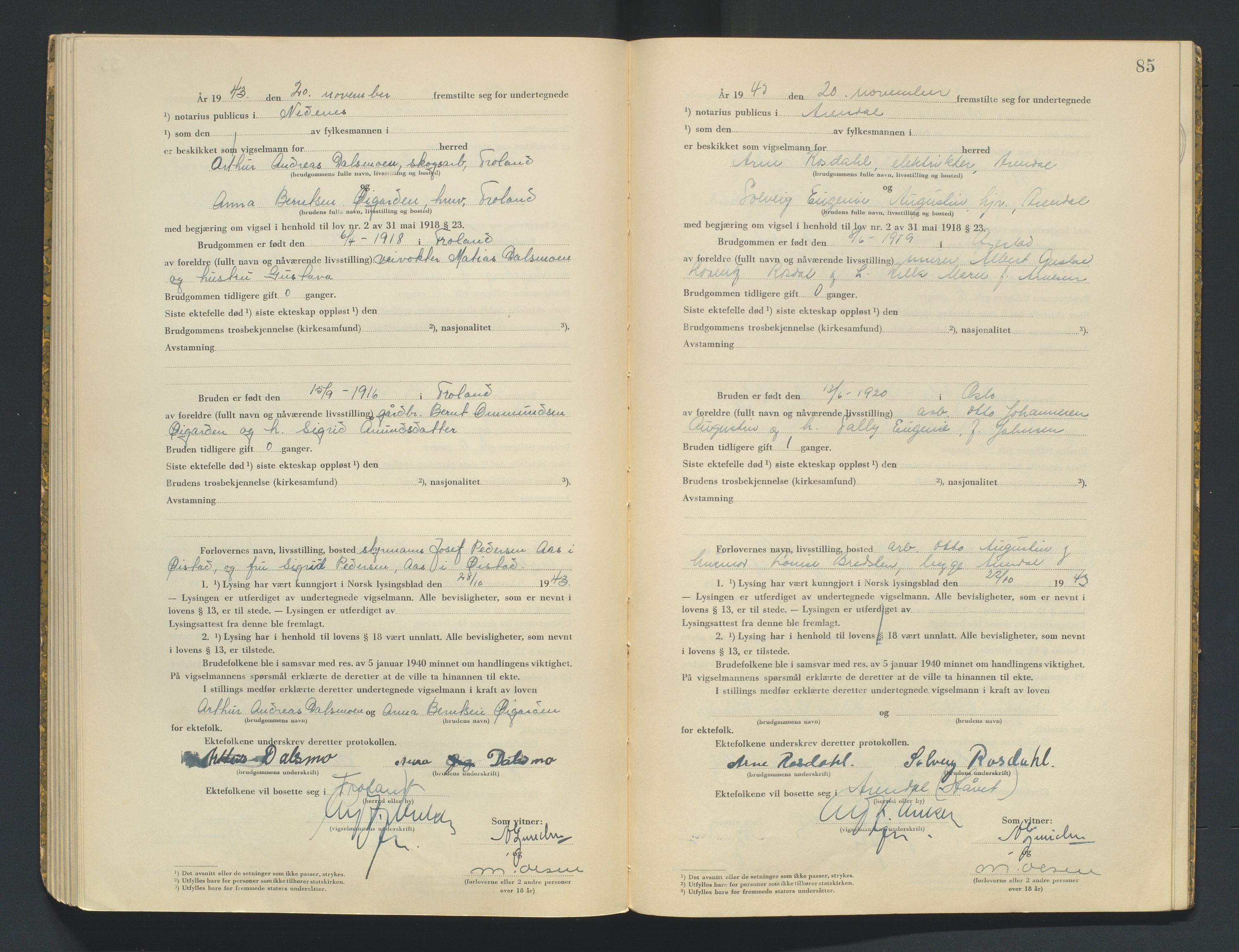 Nedenes sorenskriveri, SAK/1221-0006/L/Ld/L0002/0002: Vigselsbøker / Vigselbok, 1942-1943, s. 85