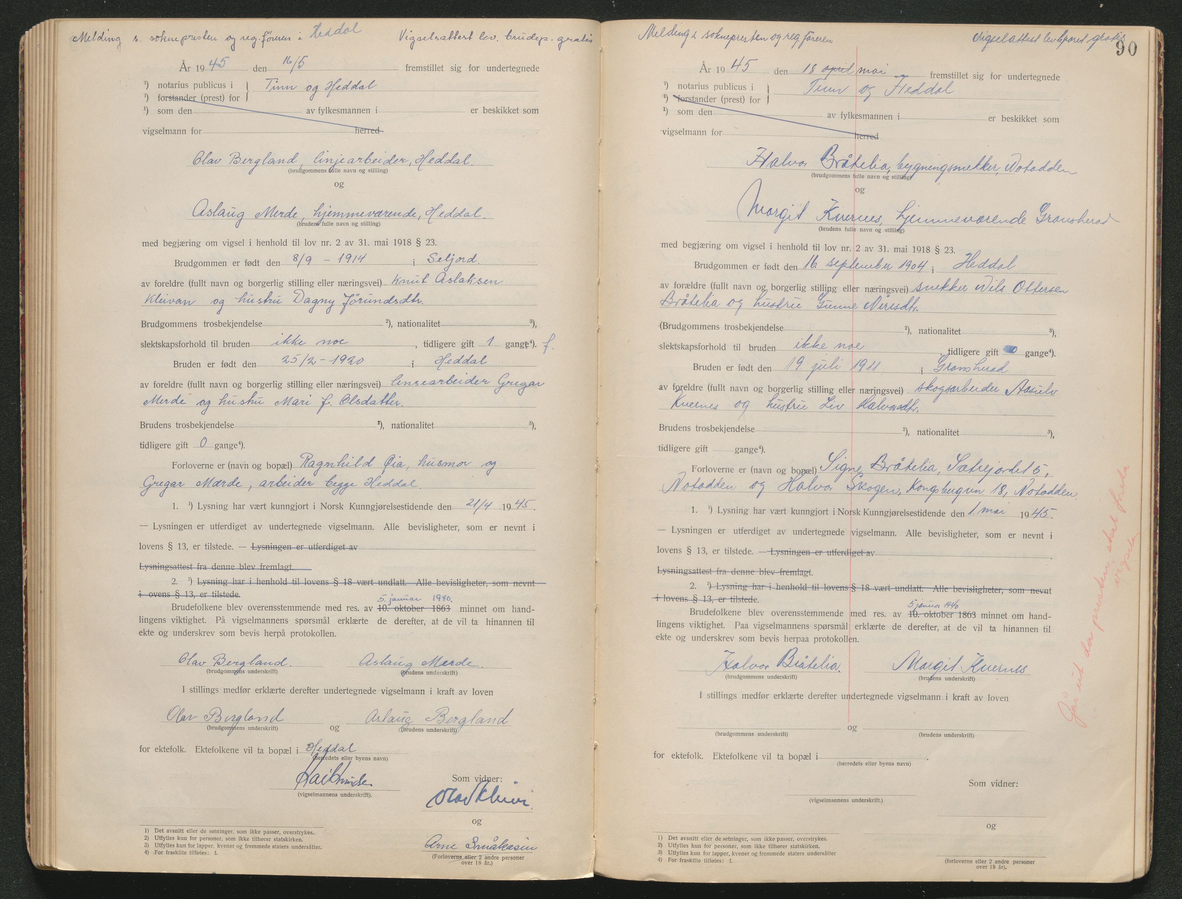 Tinn og Heddal sorenskriveri, AV/SAKO-A-212/L/La/L0003: Vigselsbok - , 1920-1945, s. 90