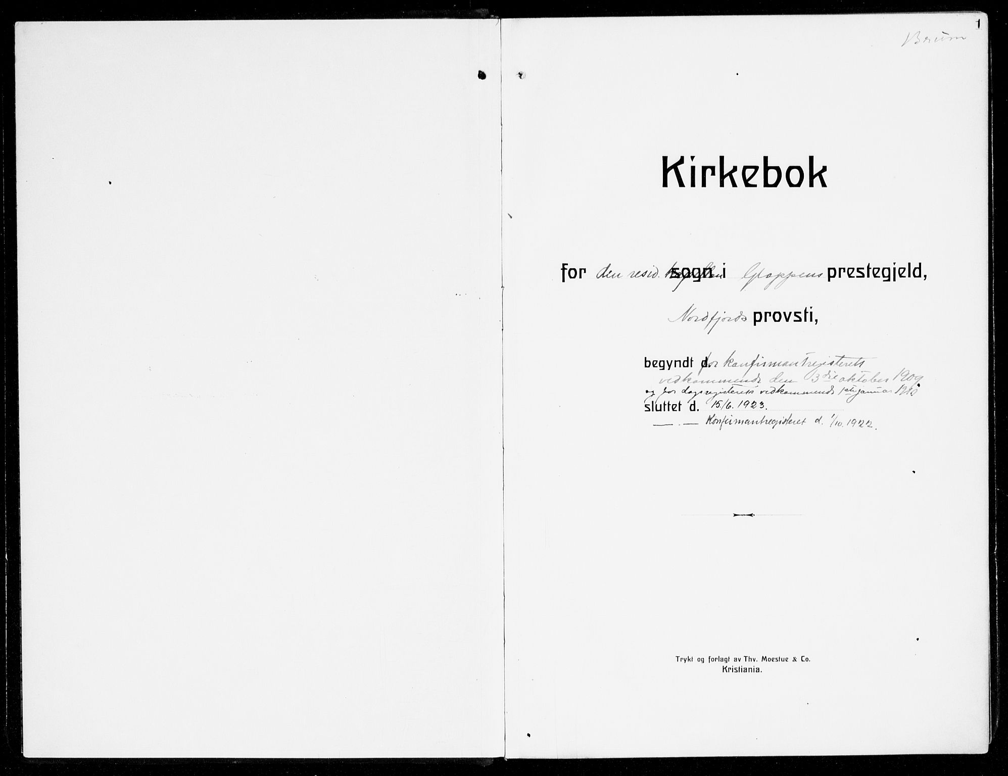 Gloppen sokneprestembete, SAB/A-80101/H/Hac/L0004: Residerende kapellans bok nr. A 4, 1909-1923, s. 1