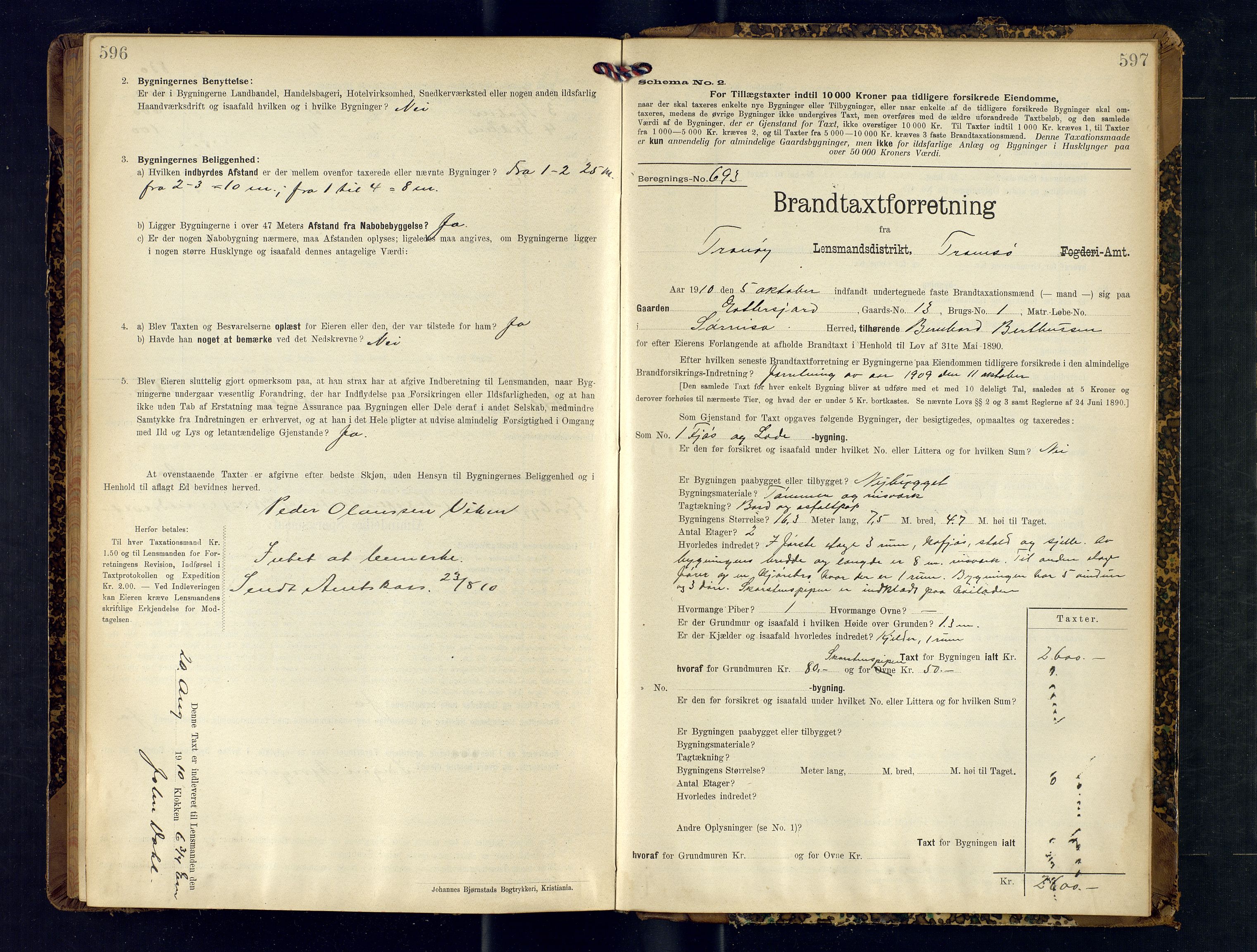 Tranøy lensmannskontor (Sørreisa lensmannskontor), AV/SATØ-SATØ-46/1/F/Fq/Fqc/L0254: Branntakstprotokoller, 1908-1910, s. 596-597