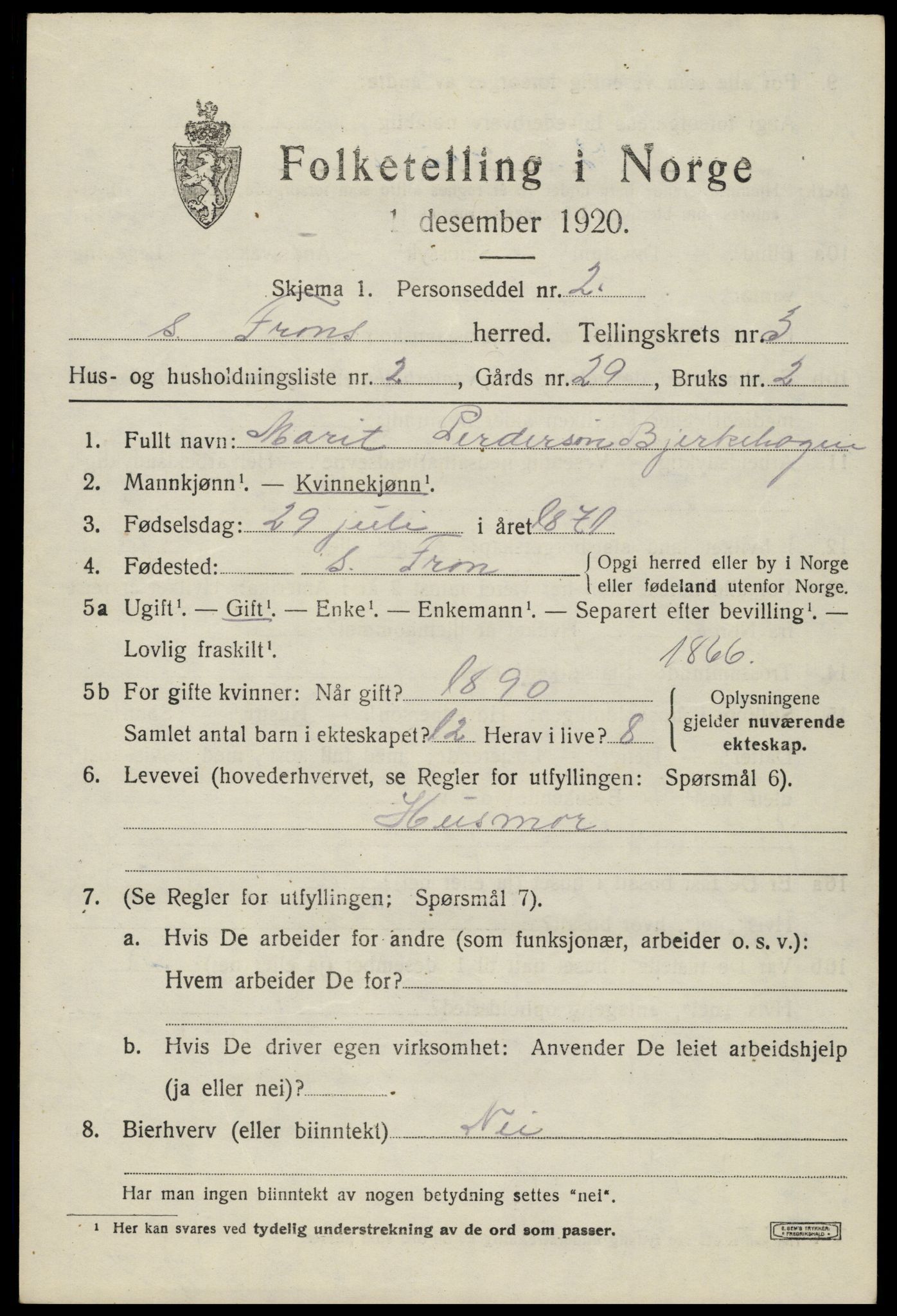 SAH, Folketelling 1920 for 0519 Sør-Fron herred, 1920, s. 3493