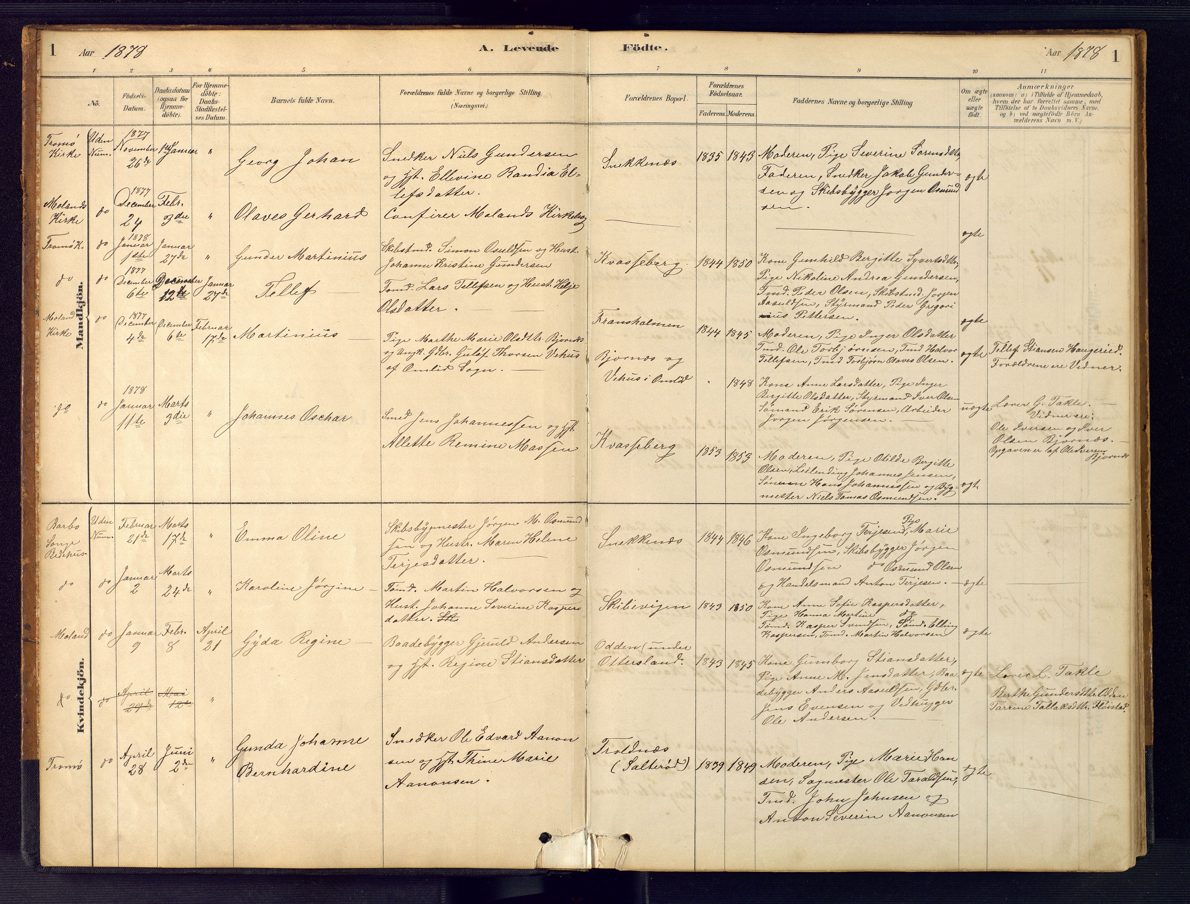 Austre Moland sokneprestkontor, SAK/1111-0001/F/Fb/Fbb/L0001: Klokkerbok nr. B 1, 1878-1904, s. 1