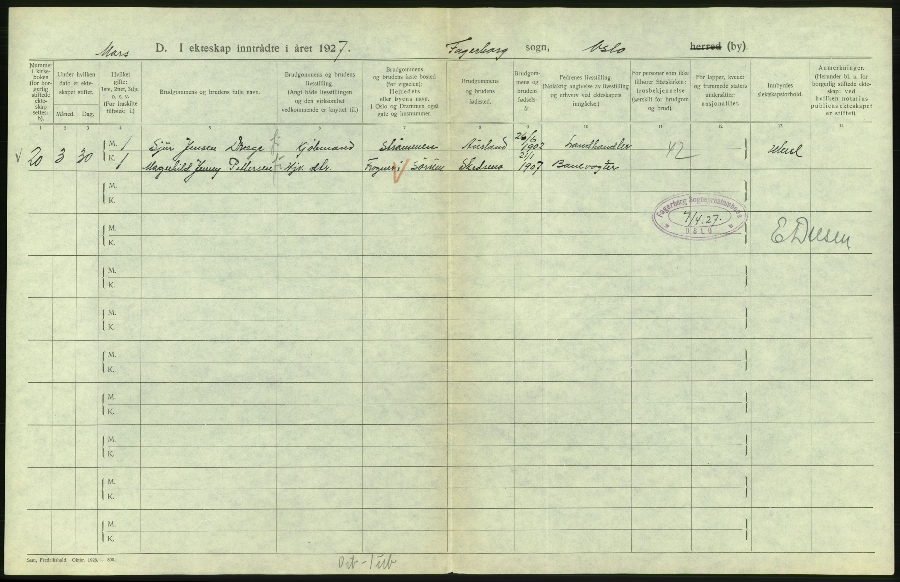 Statistisk sentralbyrå, Sosiodemografiske emner, Befolkning, AV/RA-S-2228/D/Df/Dfc/Dfcg/L0008: Oslo: Gifte, 1927, s. 236