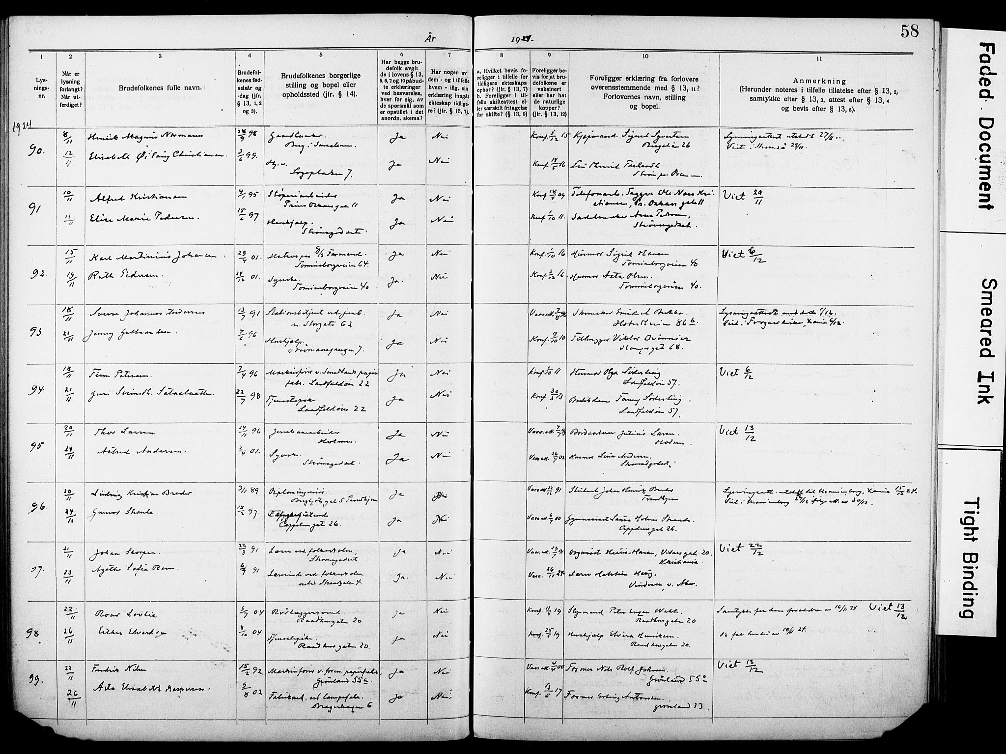 Bragernes kirkebøker, AV/SAKO-A-6/H/Ha/L0012: Lysningsprotokoll nr. 12, 1920-1928, s. 58