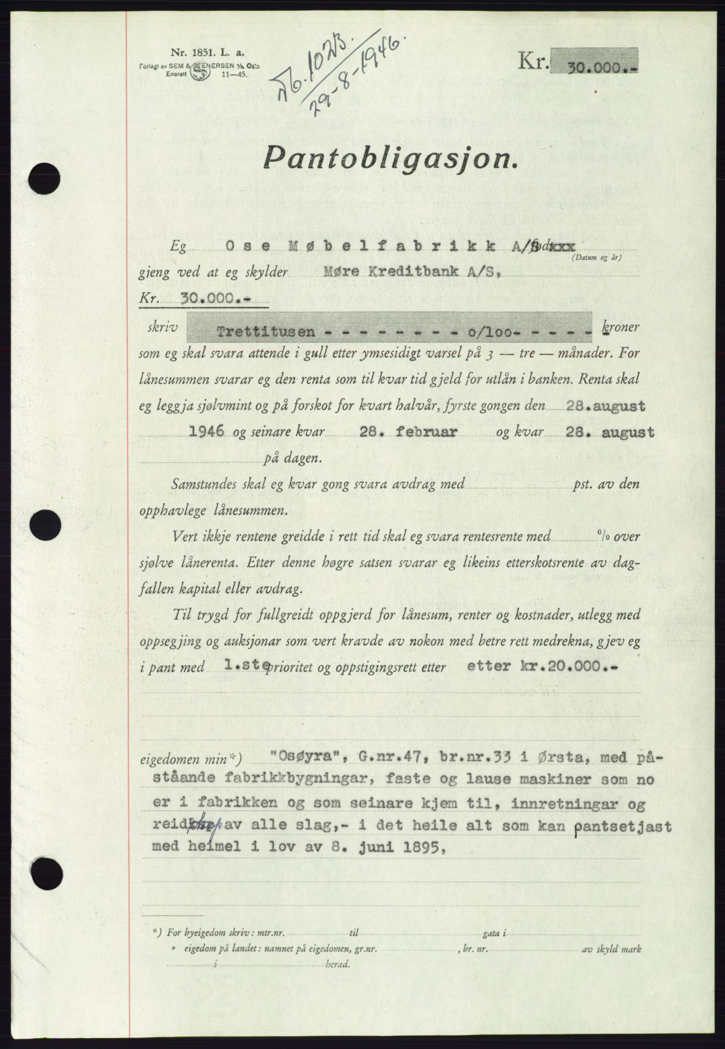 Søre Sunnmøre sorenskriveri, AV/SAT-A-4122/1/2/2C/L0114: Pantebok nr. 1-2B, 1943-1947, Dagboknr: 1023/1946