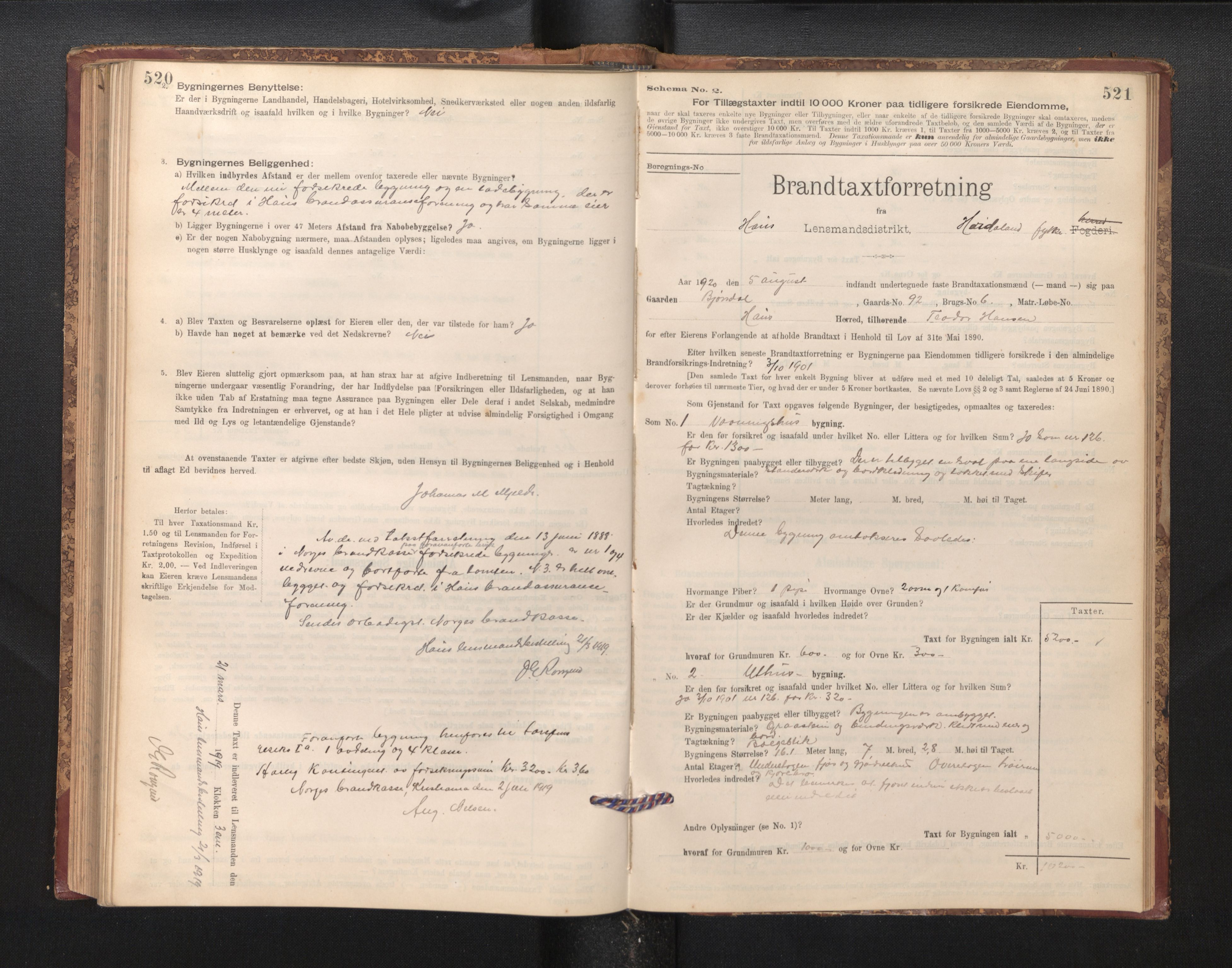 Lensmannen i Haus, SAB/A-32701/0012/L0006: Branntakstprotokoll, skjematakst, 1895-1941, s. 520-521