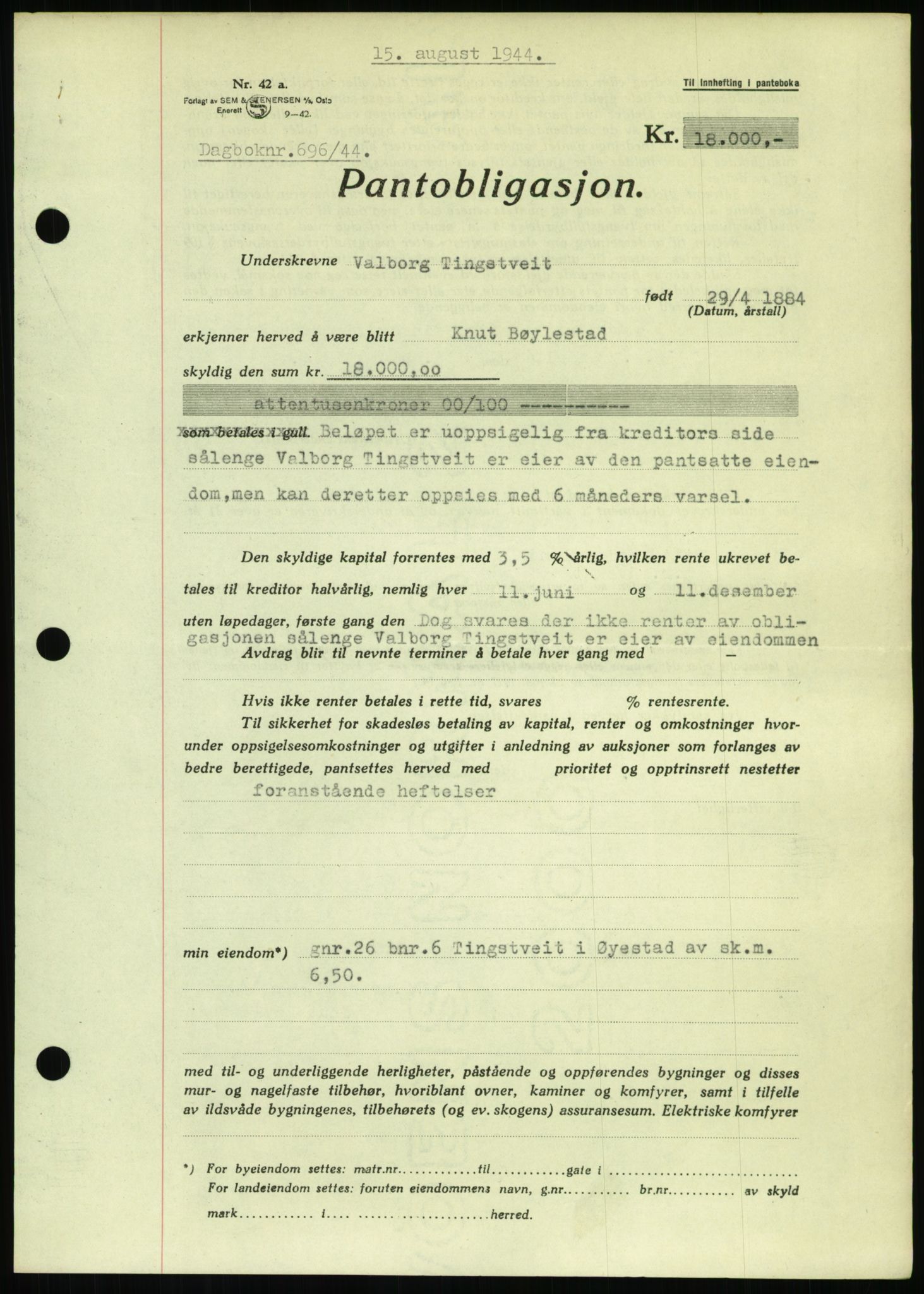 Nedenes sorenskriveri, AV/SAK-1221-0006/G/Gb/Gbb/L0002: Pantebok nr. II, 1942-1945, Dagboknr: 696/1944