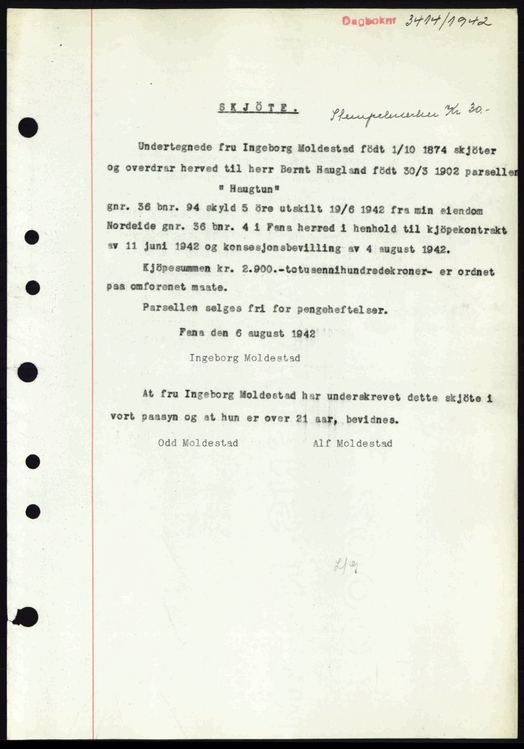 Midhordland sorenskriveri, SAB/A-3001/1/G/Gb/Gbj/L0014: Pantebok nr. A26-28, 1942-1942, Dagboknr: 3414/1942