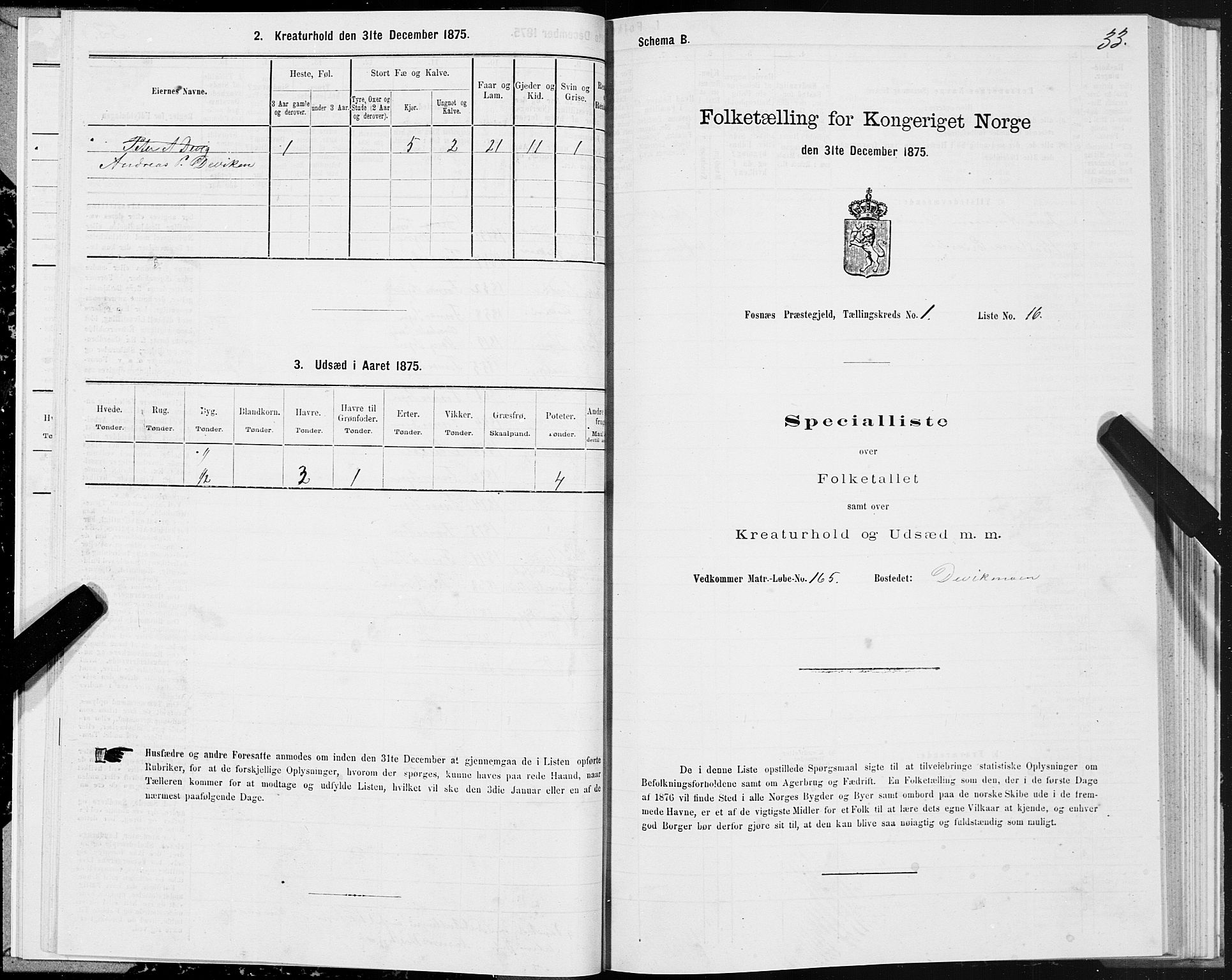 SAT, Folketelling 1875 for 1748P Fosnes prestegjeld, 1875, s. 1033