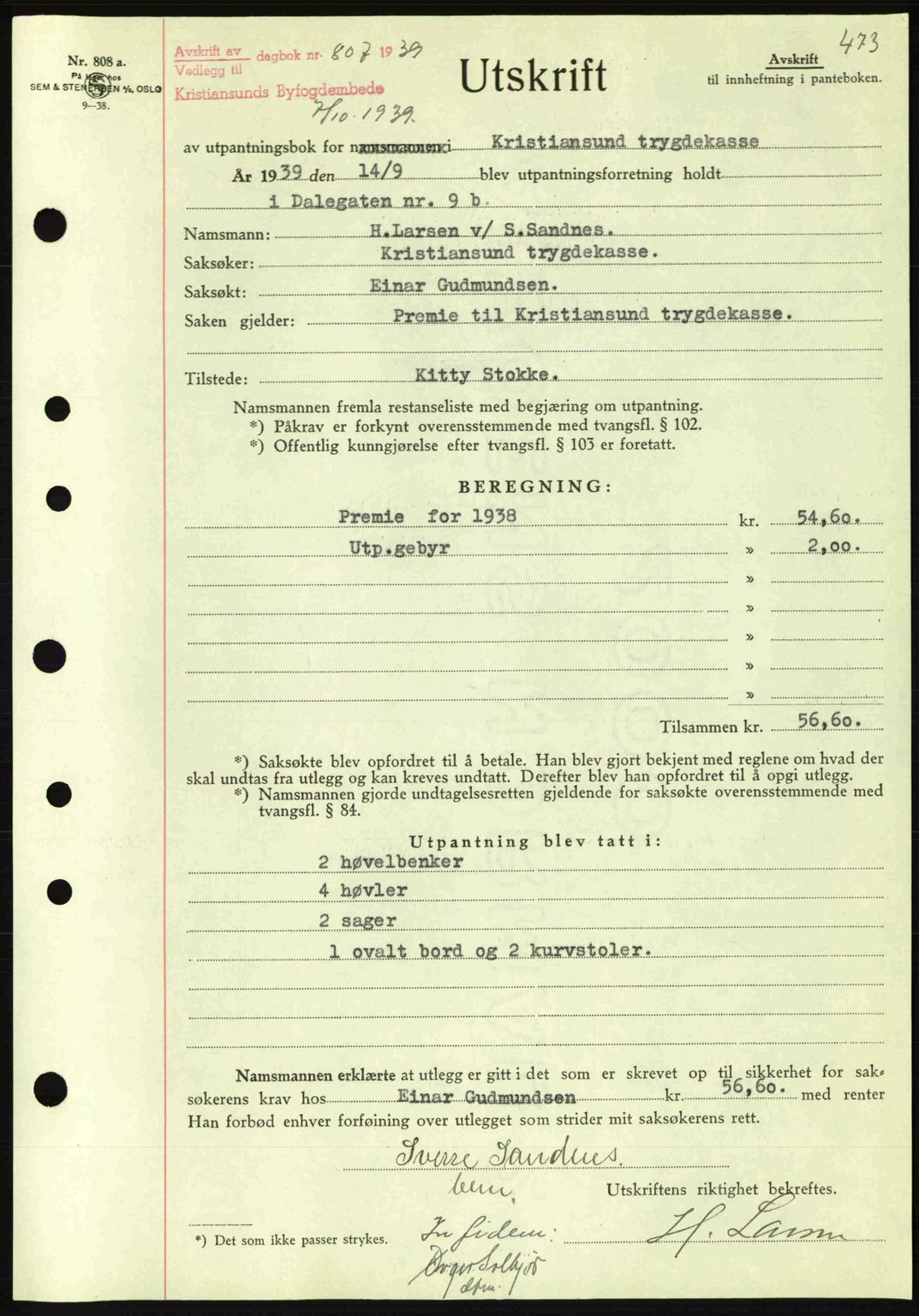 Kristiansund byfogd, AV/SAT-A-4587/A/27: Pantebok nr. 31, 1938-1939, Dagboknr: 807/1939