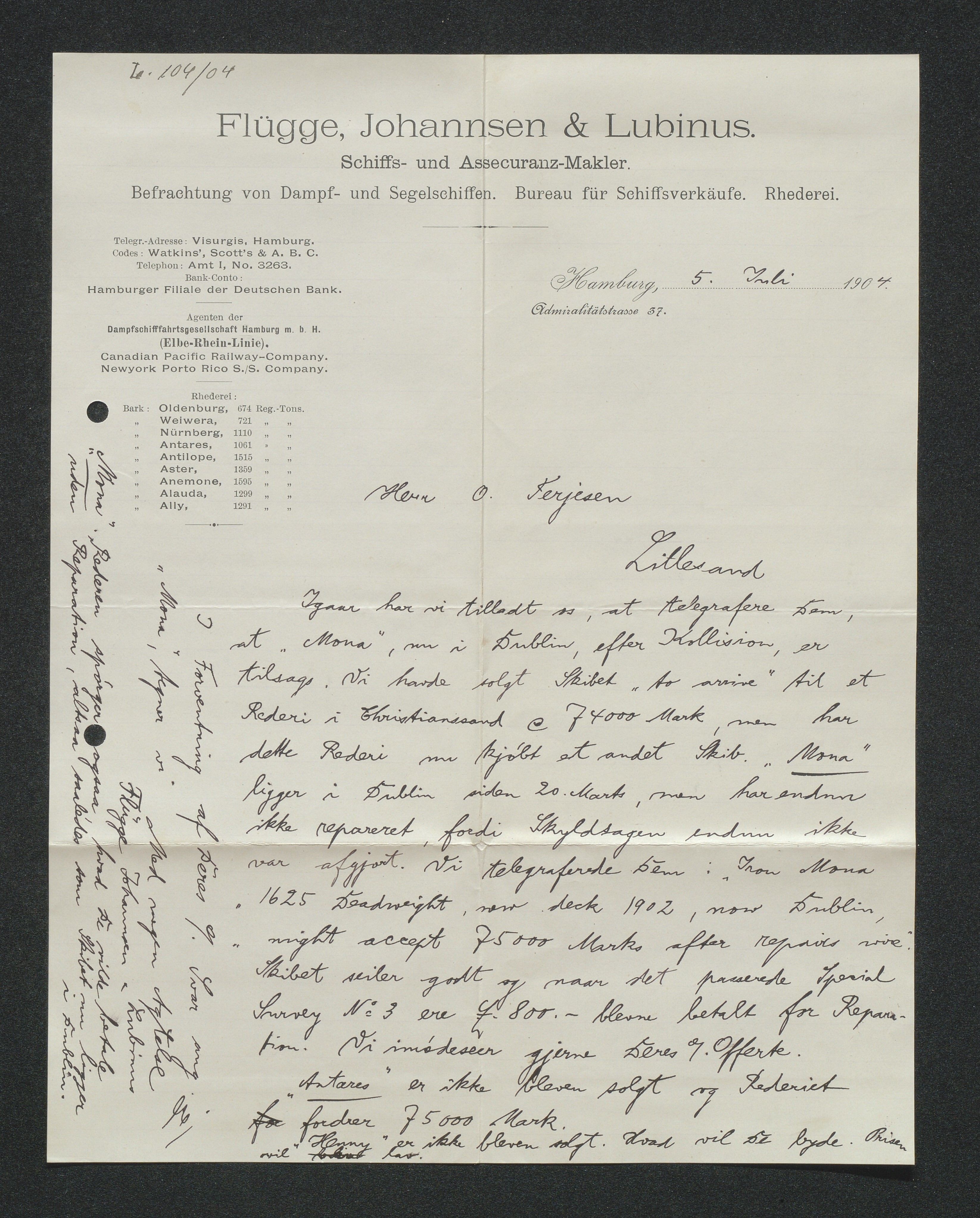 O. Terjesens rederi, AAKS/PA-2525/E/E01/L0013: Korrespondanse, 1904-1905