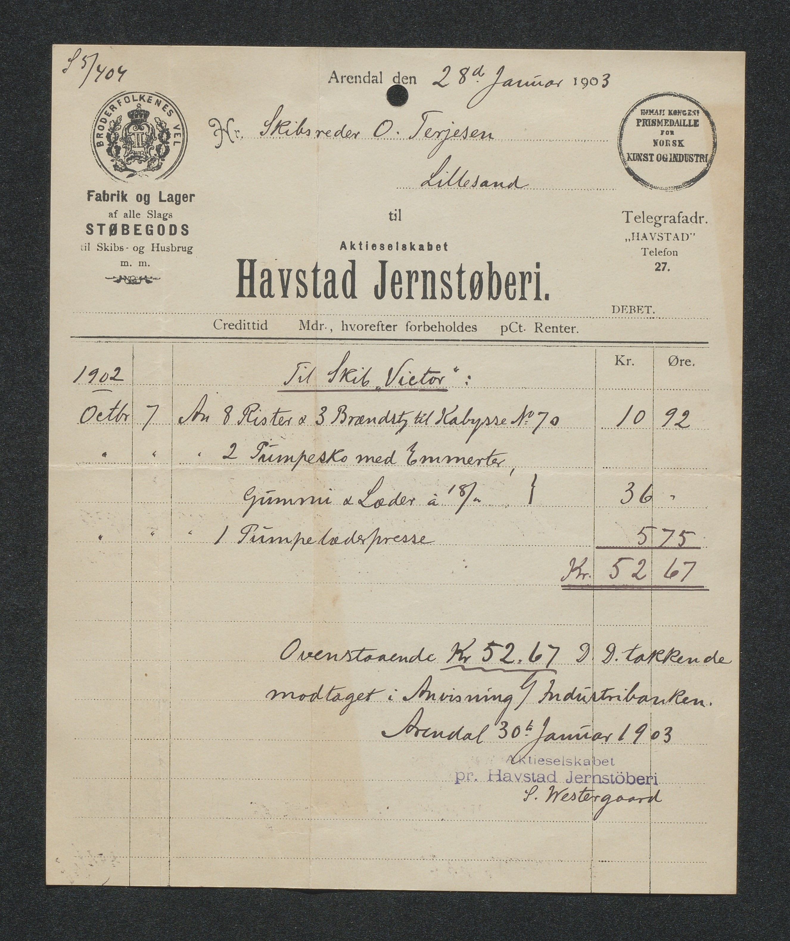 O. Terjesens rederi, AAKS/PA-2525/R/R02/L0002: Regnskapsbilag, 1899-1904