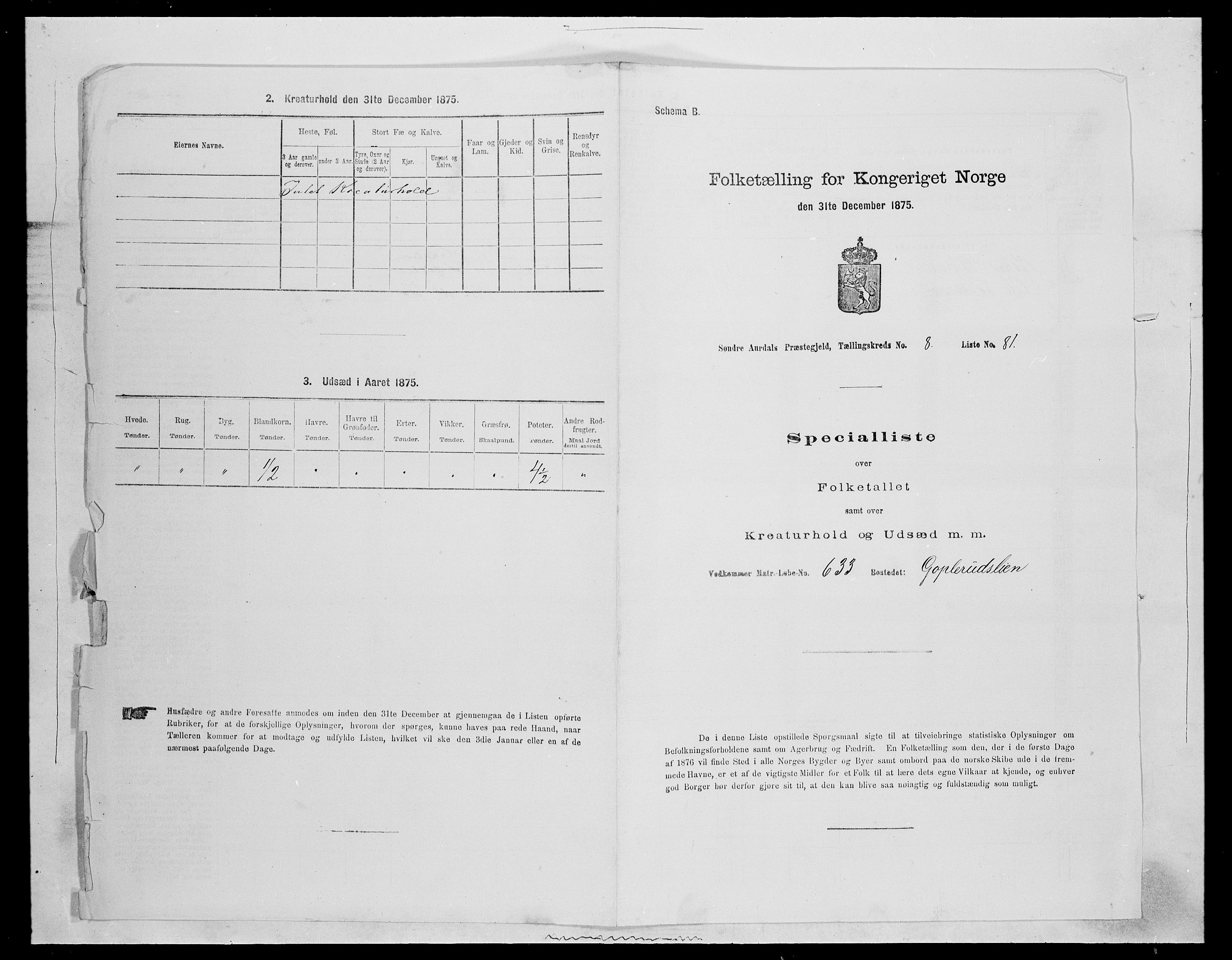 SAH, Folketelling 1875 for 0540P Sør-Aurdal prestegjeld, 1875, s. 1449