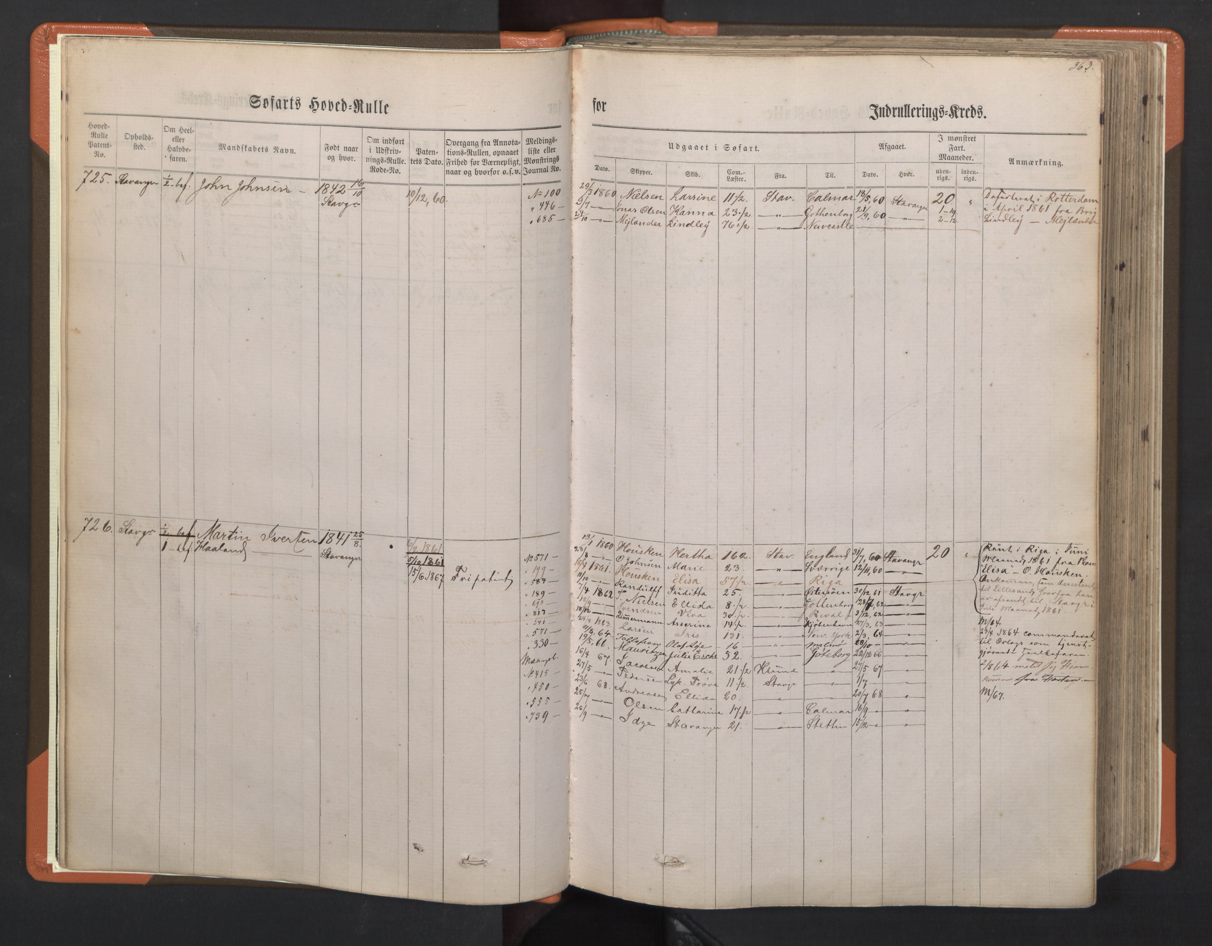 Stavanger sjømannskontor, AV/SAST-A-102006/F/Fb/Fbb/L0002: Sjøfartshovedrulle, patentnr. 721-1450 (del 2), 1863, s. 6