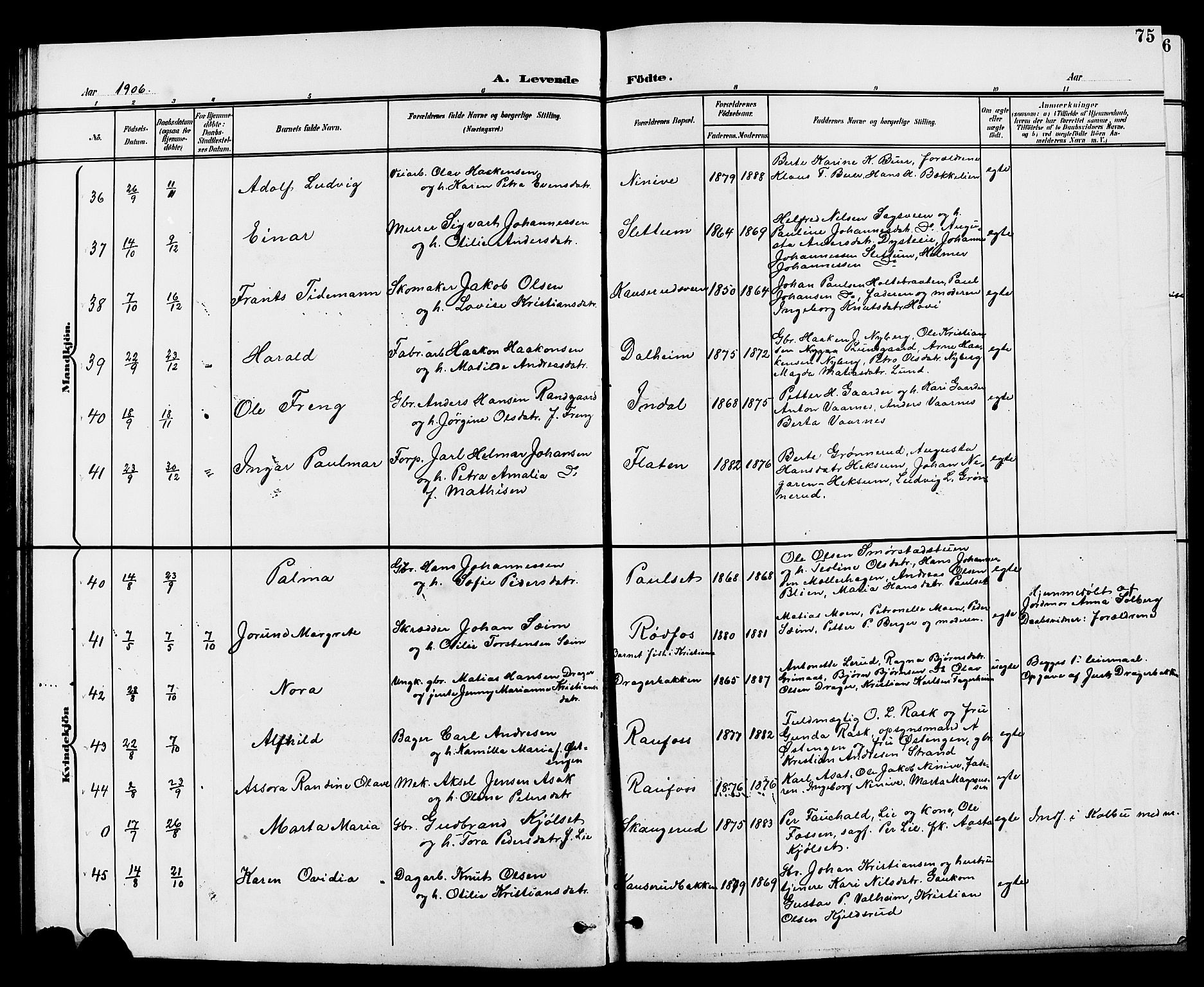Vestre Toten prestekontor, AV/SAH-PREST-108/H/Ha/Hab/L0010: Klokkerbok nr. 10, 1900-1912, s. 75