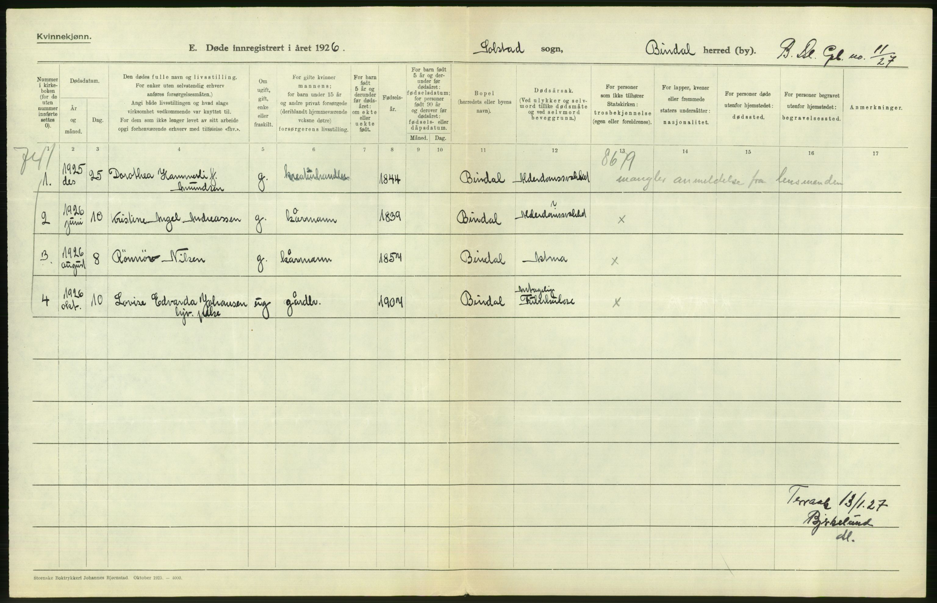 Statistisk sentralbyrå, Sosiodemografiske emner, Befolkning, AV/RA-S-2228/D/Df/Dfc/Dfcf/L0041: Nordland fylke: Døde. Bygder og byer., 1926, s. 286