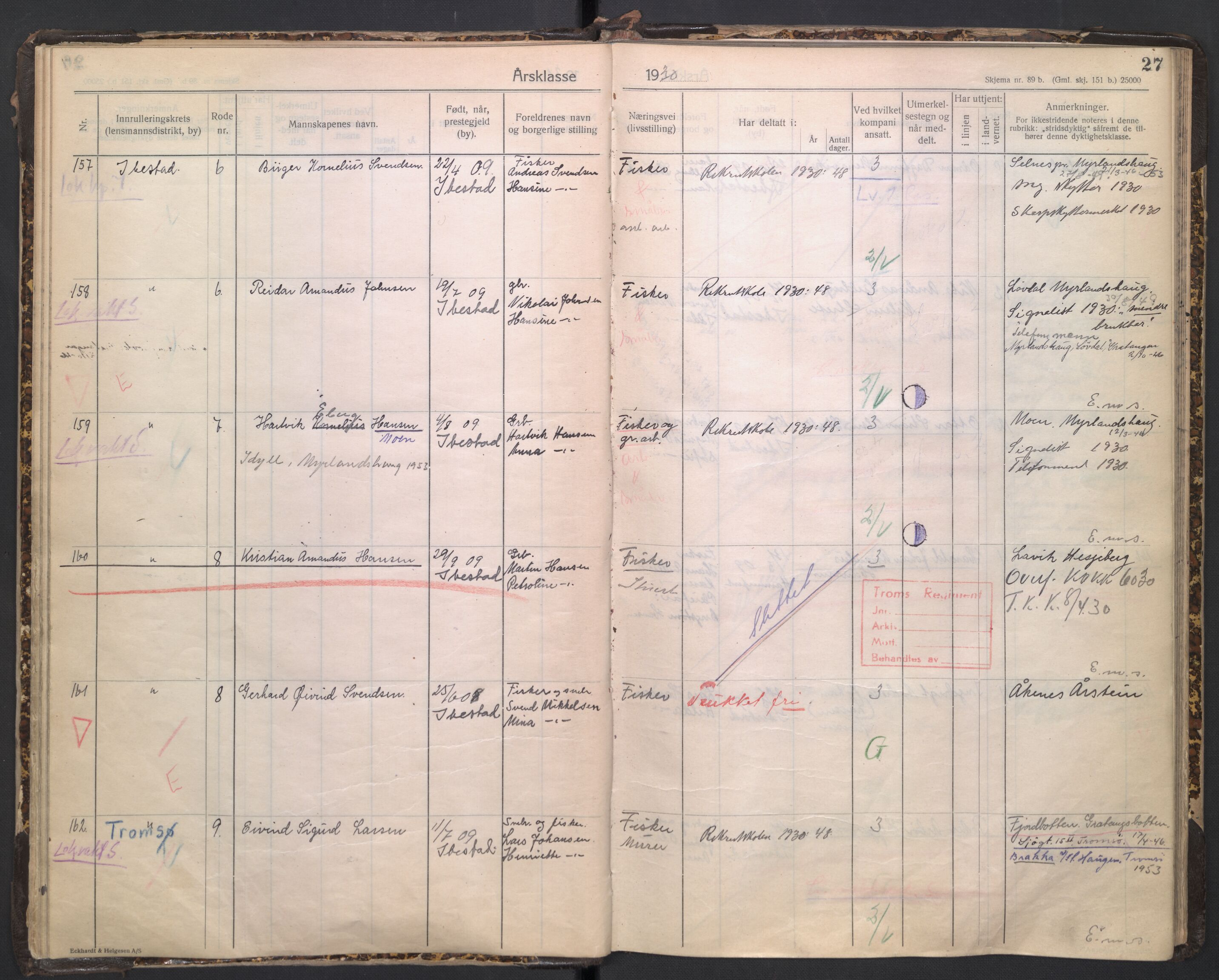 Forsvaret, Troms infanteriregiment nr. 16, AV/RA-RAFA-3146/P/Pa/L0005/0003: Ruller / Rulle for regimentets stridende menige mannskaper, årsklasse 1930, 1930, s. 27