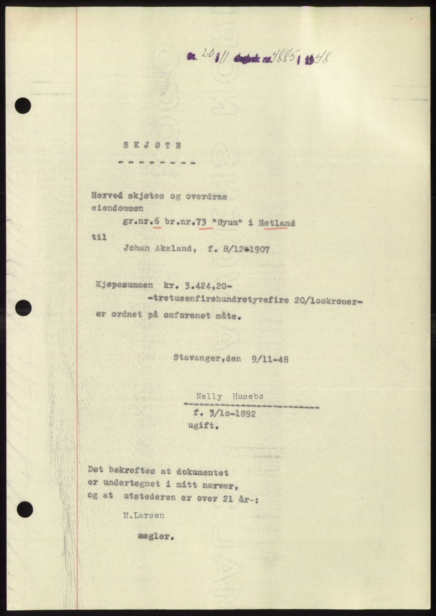 Jæren sorenskriveri, SAST/A-100310/03/G/Gba/L0100: Pantebok, 1948-1948, Dagboknr: 4885/1948