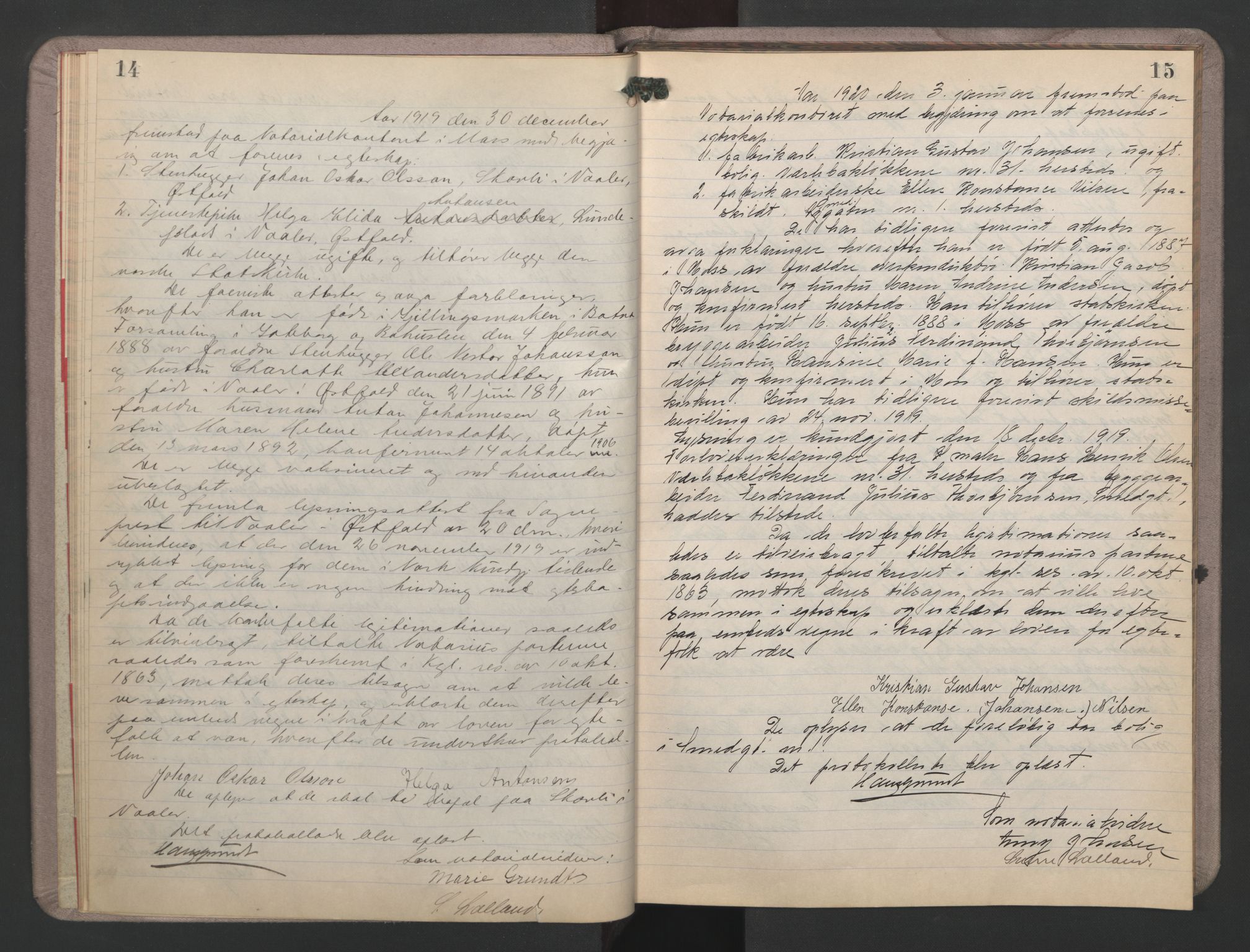 Moss byfogd, AV/SAO-A-10863/L/Lb/L0002: Vigselsbok, 1919-1920, s. 14-15
