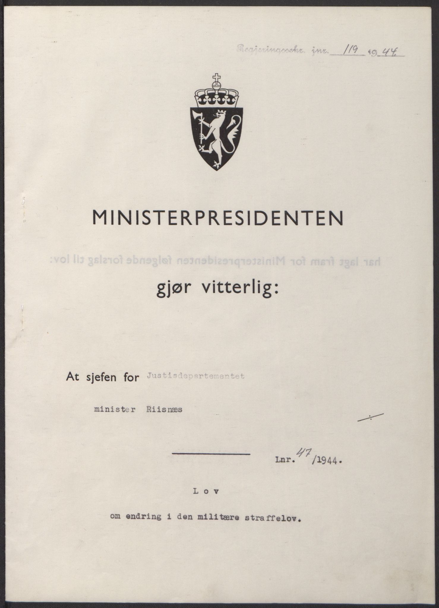 NS-administrasjonen 1940-1945 (Statsrådsekretariatet, de kommisariske statsråder mm), RA/S-4279/D/Db/L0100: Lover, 1944, s. 222