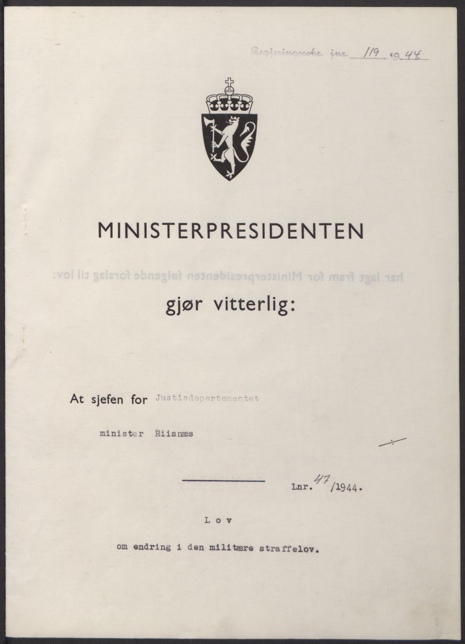 NS-administrasjonen 1940-1945 (Statsrådsekretariatet, de kommisariske statsråder mm), AV/RA-S-4279/D/Db/L0100: Lover, 1944, s. 222