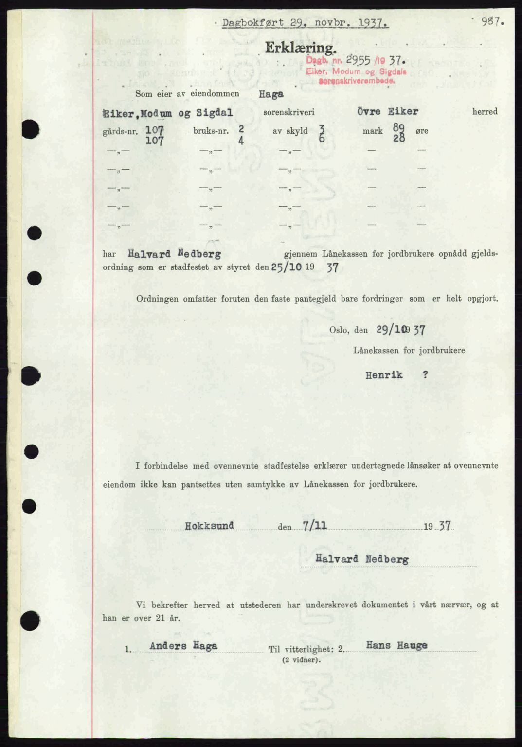 Eiker, Modum og Sigdal sorenskriveri, SAKO/A-123/G/Ga/Gab/L0036: Pantebok nr. A6, 1937-1937, Dagboknr: 2655/1937