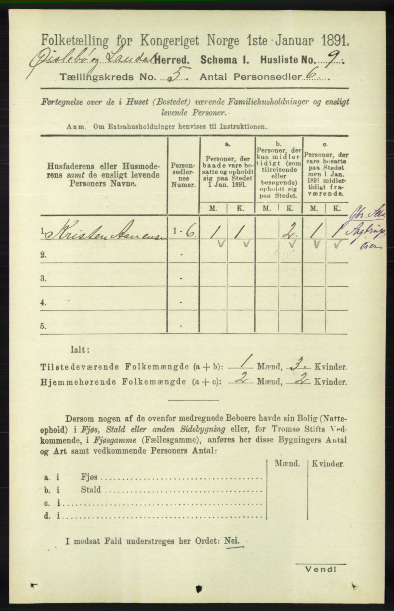 RA, Folketelling 1891 for 1021 Øyslebø og Laudal herred, 1891, s. 1284