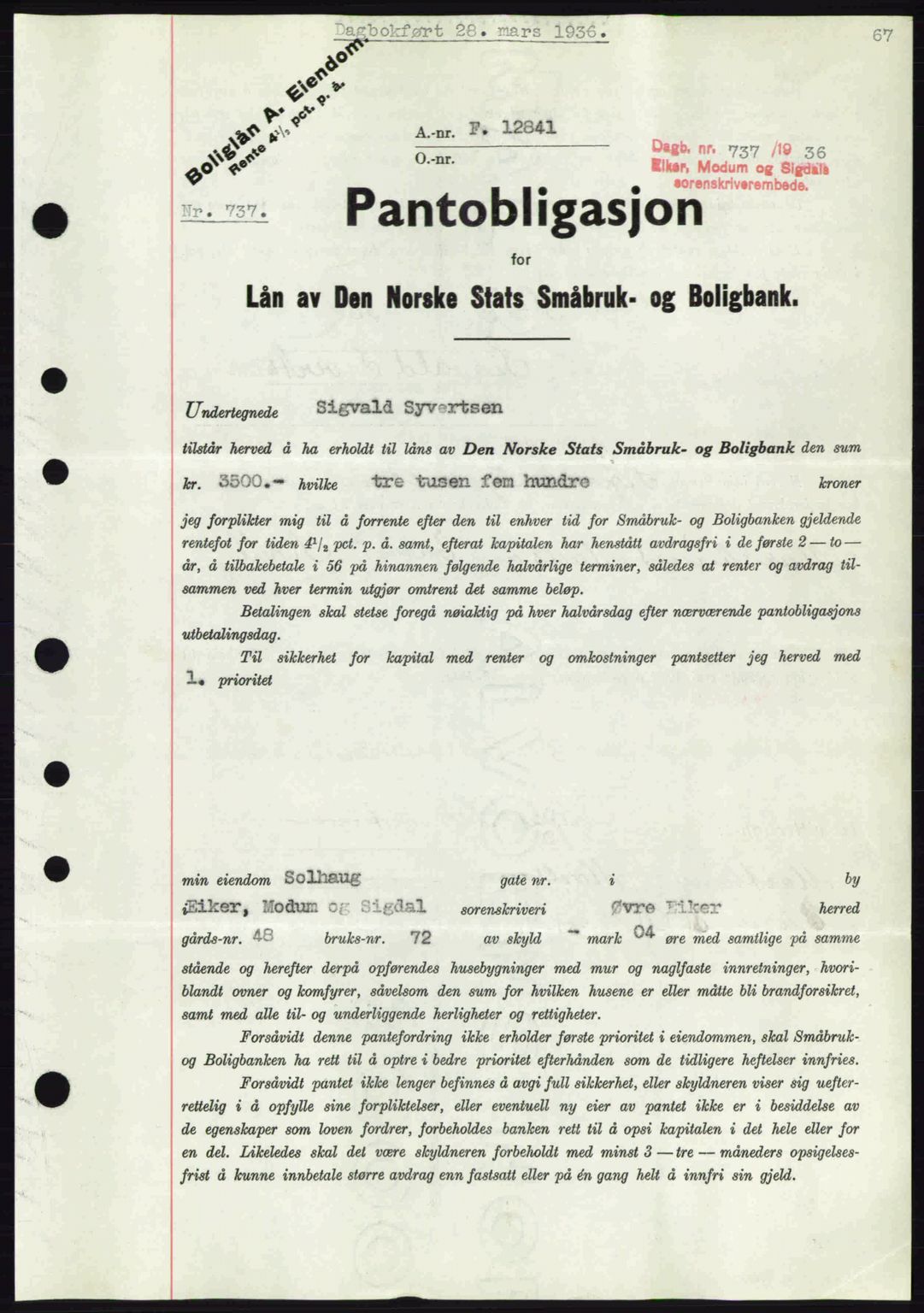 Eiker, Modum og Sigdal sorenskriveri, SAKO/A-123/G/Ga/Gab/L0032: Pantebok nr. A2, 1936-1936, Dagboknr: 737/1936