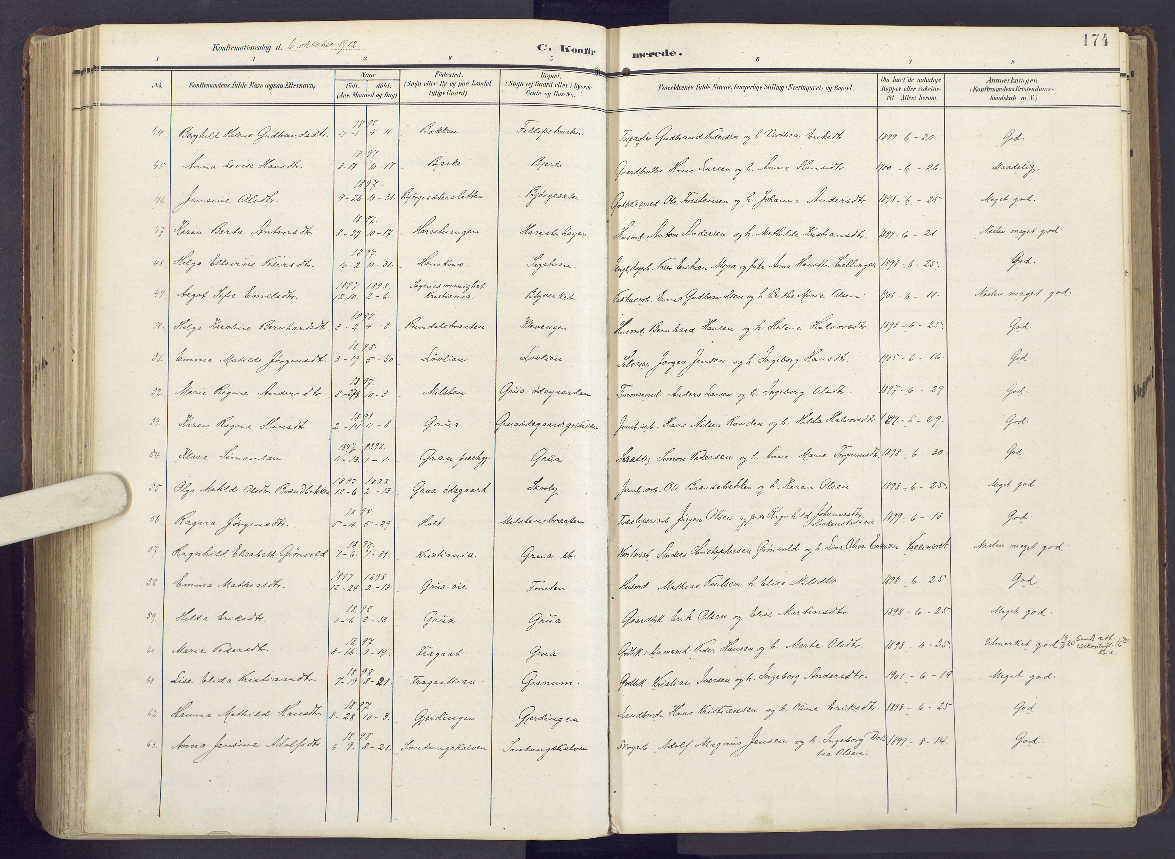 Lunner prestekontor, SAH/PREST-118/H/Ha/Haa/L0001: Ministerialbok nr. 1, 1907-1922, s. 174