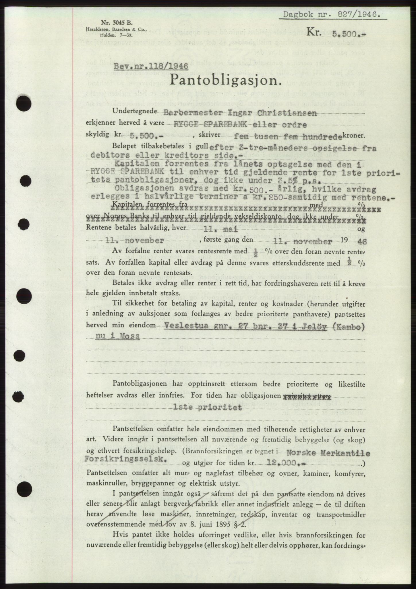 Moss sorenskriveri, SAO/A-10168: Pantebok nr. B15, 1946-1946, Dagboknr: 827/1946