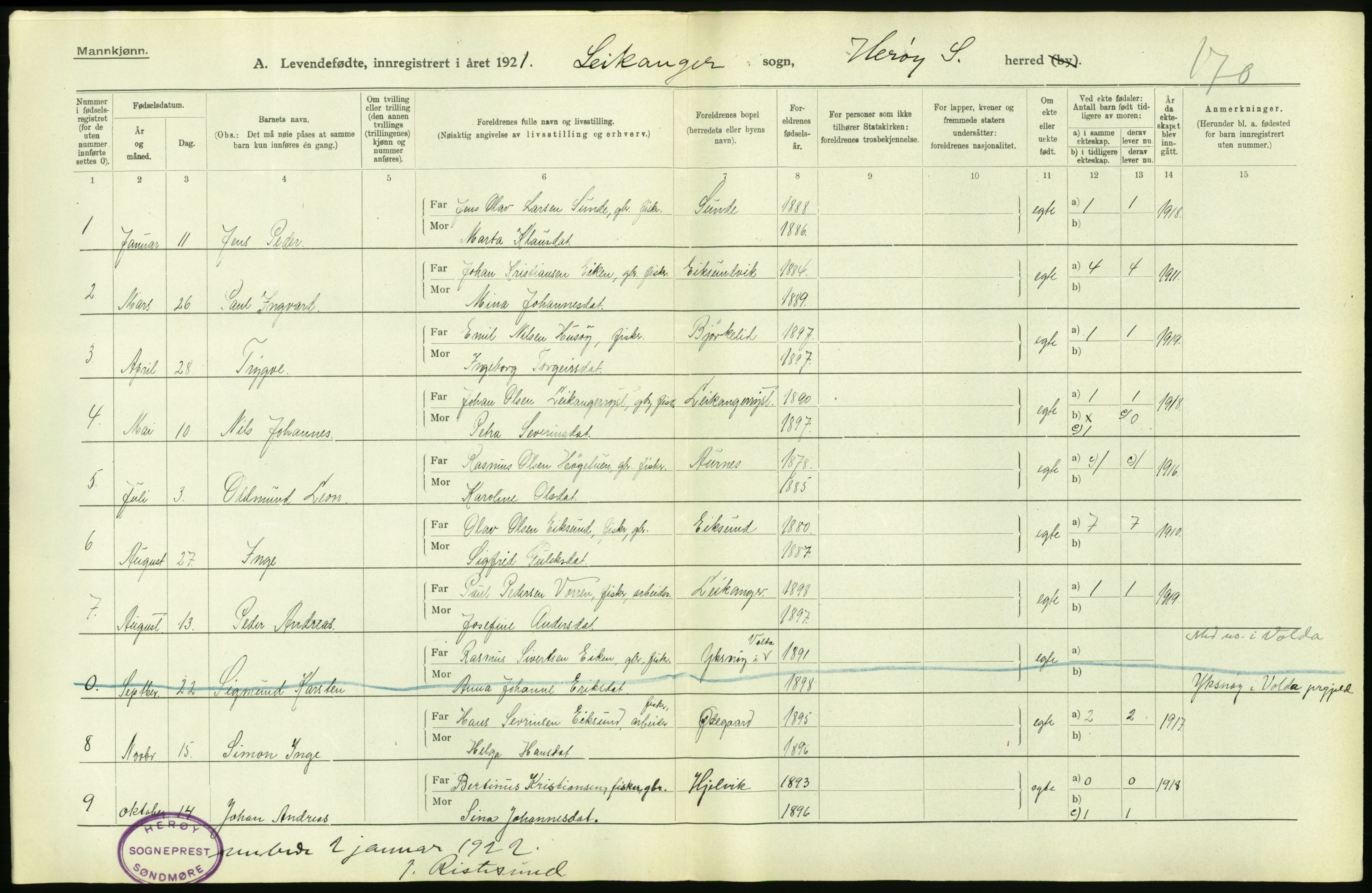 Statistisk sentralbyrå, Sosiodemografiske emner, Befolkning, AV/RA-S-2228/D/Df/Dfc/Dfca/L0040: Møre fylke: Levendefødte menn og kvinner. Bygder., 1921, s. 34