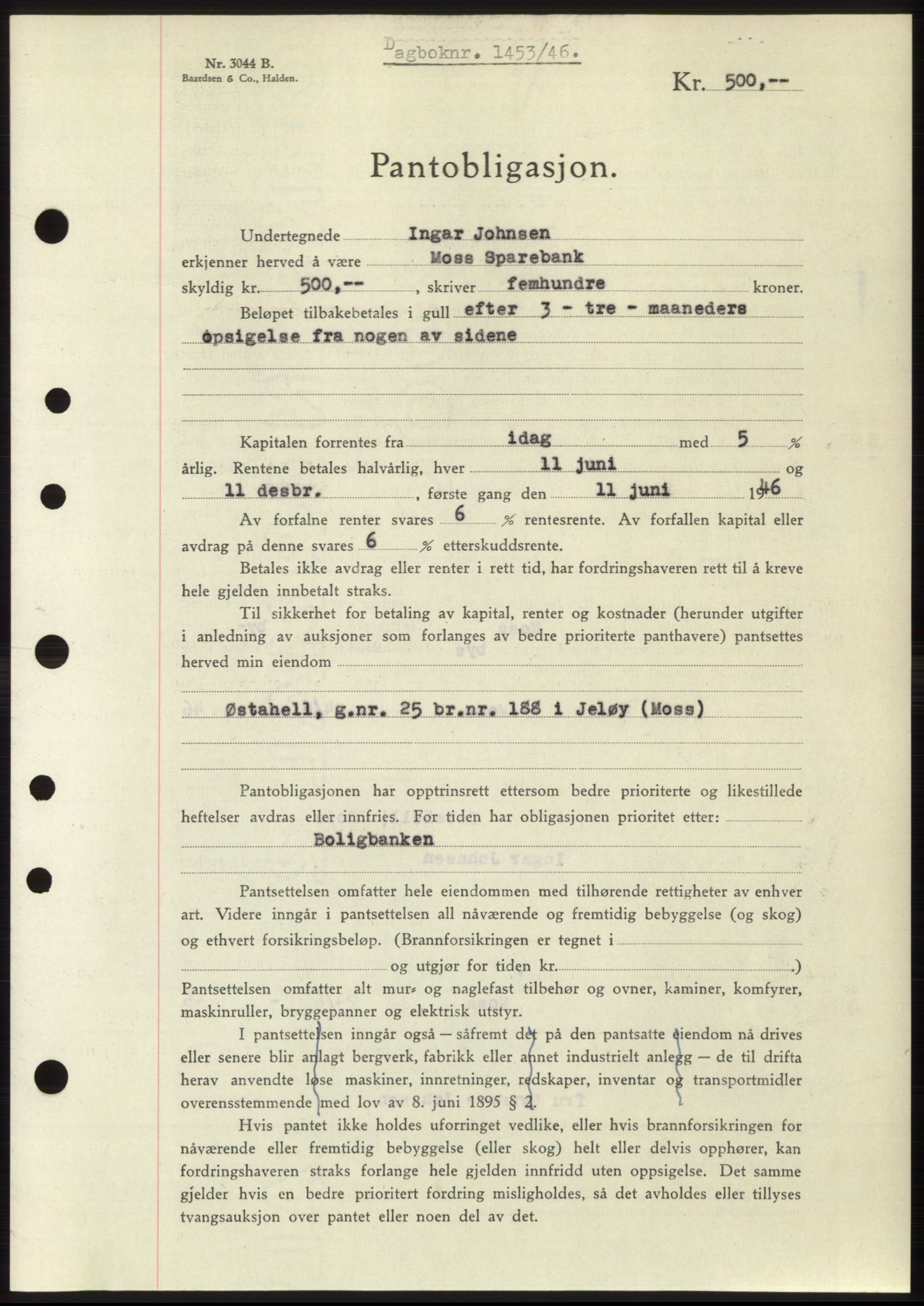 Moss sorenskriveri, SAO/A-10168: Pantebok nr. B15, 1946-1946, Dagboknr: 1453/1946