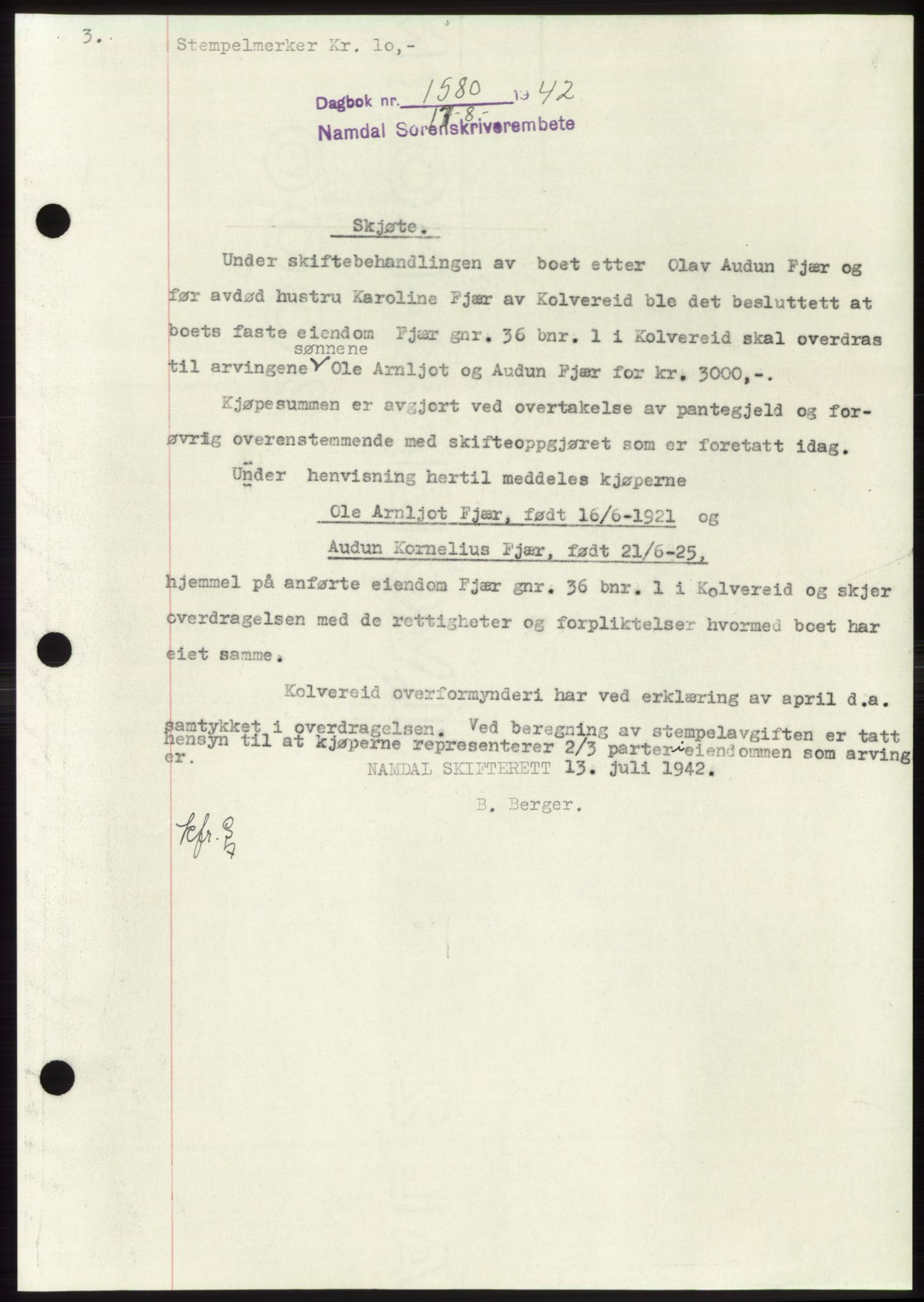 Namdal sorenskriveri, SAT/A-4133/1/2/2C: Pantebok nr. -, 1942-1943, Dagboknr: 1580/1942