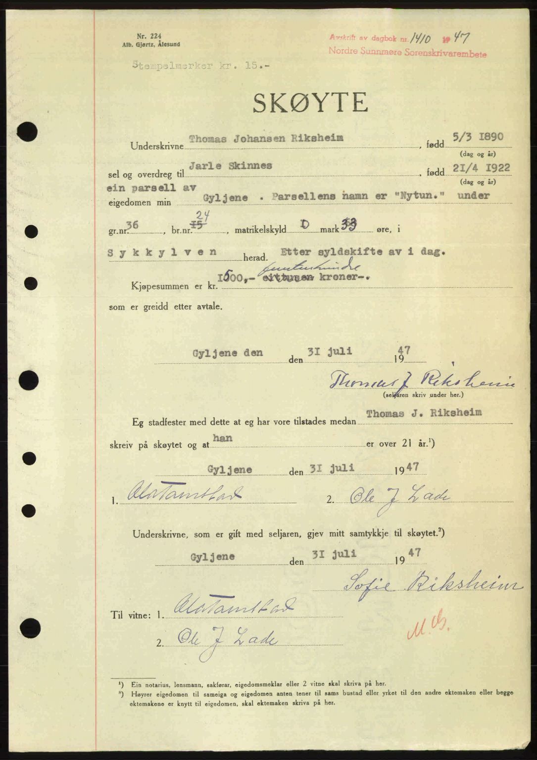 Nordre Sunnmøre sorenskriveri, AV/SAT-A-0006/1/2/2C/2Ca: Pantebok nr. A25, 1947-1947, Dagboknr: 1410/1947