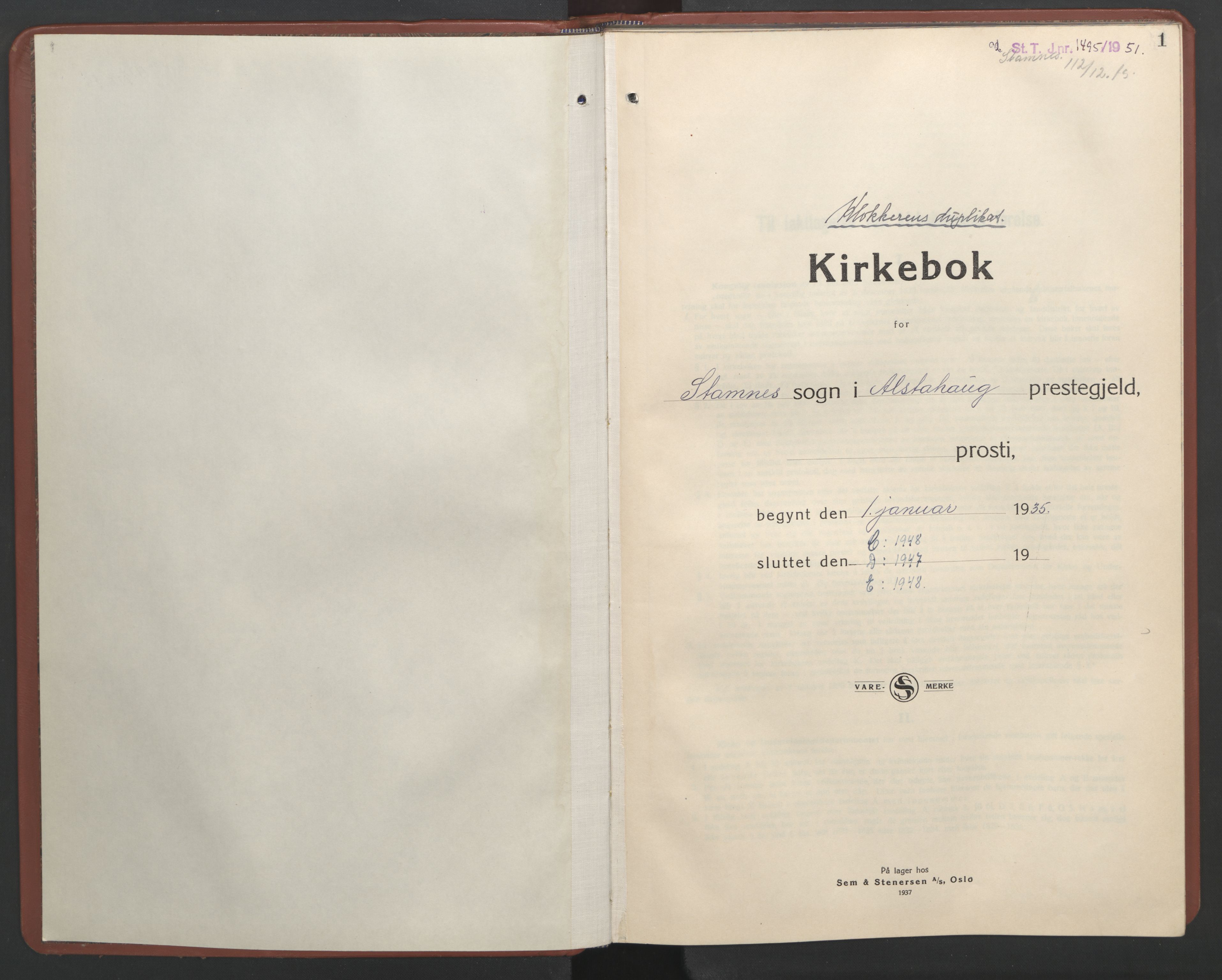 Ministerialprotokoller, klokkerbøker og fødselsregistre - Nordland, AV/SAT-A-1459/831/L0481: Klokkerbok nr. 831C08, 1935-1948, s. 1