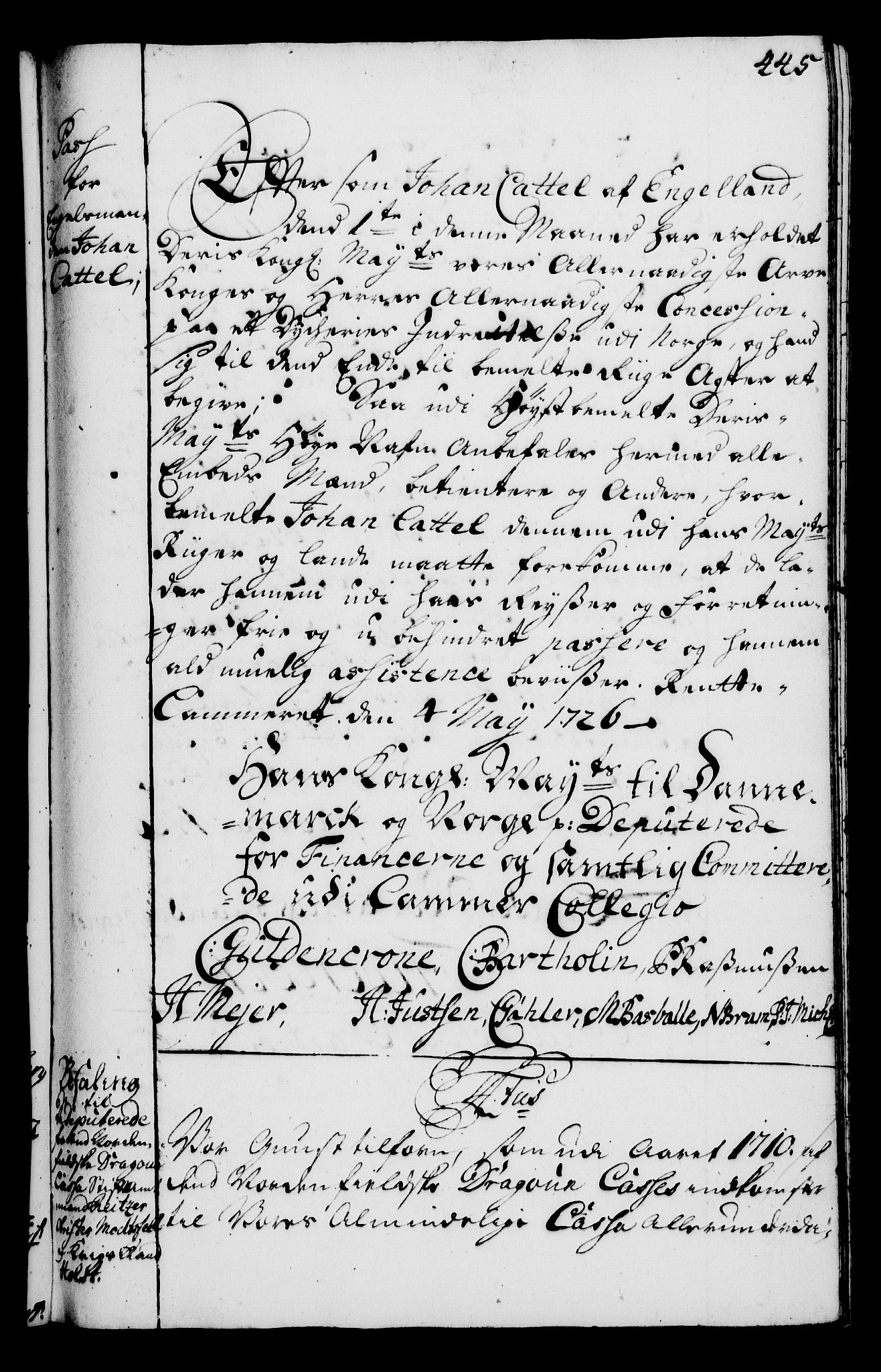 Rentekammeret, Kammerkanselliet, AV/RA-EA-3111/G/Gg/Gga/L0002: Norsk ekspedisjonsprotokoll med register (merket RK 53.2), 1723-1727, s. 445