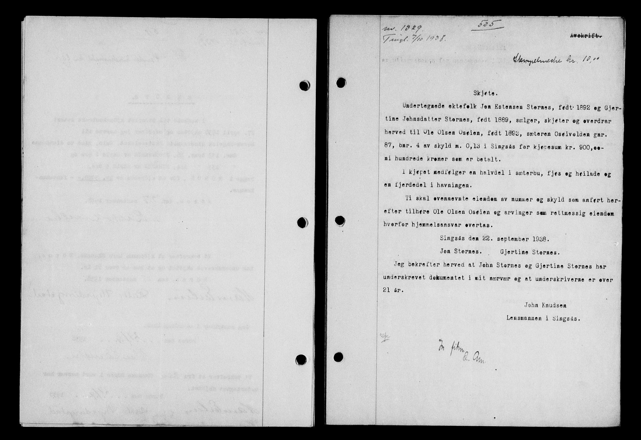 Gauldal sorenskriveri, SAT/A-0014/1/2/2C/L0049: Pantebok nr. 53, 1938-1938, Dagboknr: 1329/1938