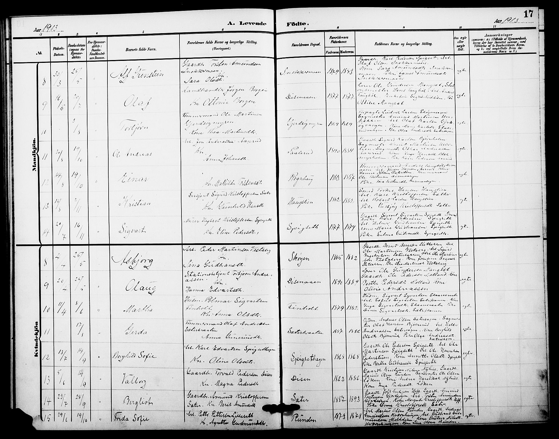 Sør-Odal prestekontor, AV/SAH-PREST-030/H/Ha/Hab/L0007: Klokkerbok nr. 7, 1907-1915, s. 17