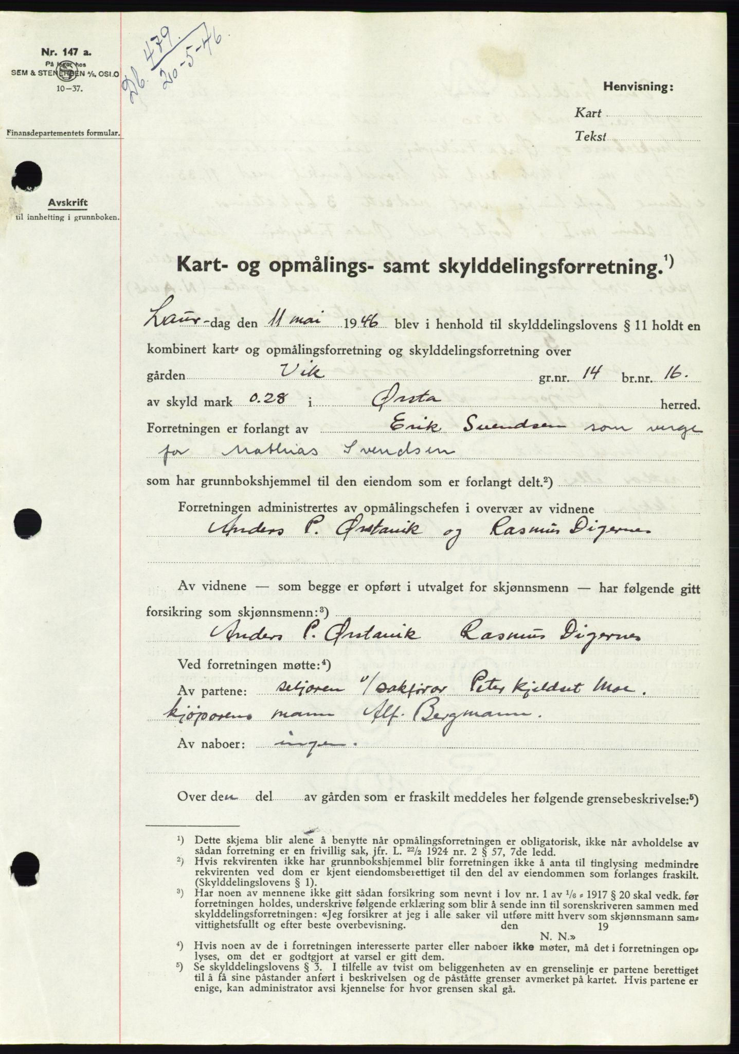 Søre Sunnmøre sorenskriveri, AV/SAT-A-4122/1/2/2C/L0078: Pantebok nr. 4A, 1946-1946, Dagboknr: 479/1946