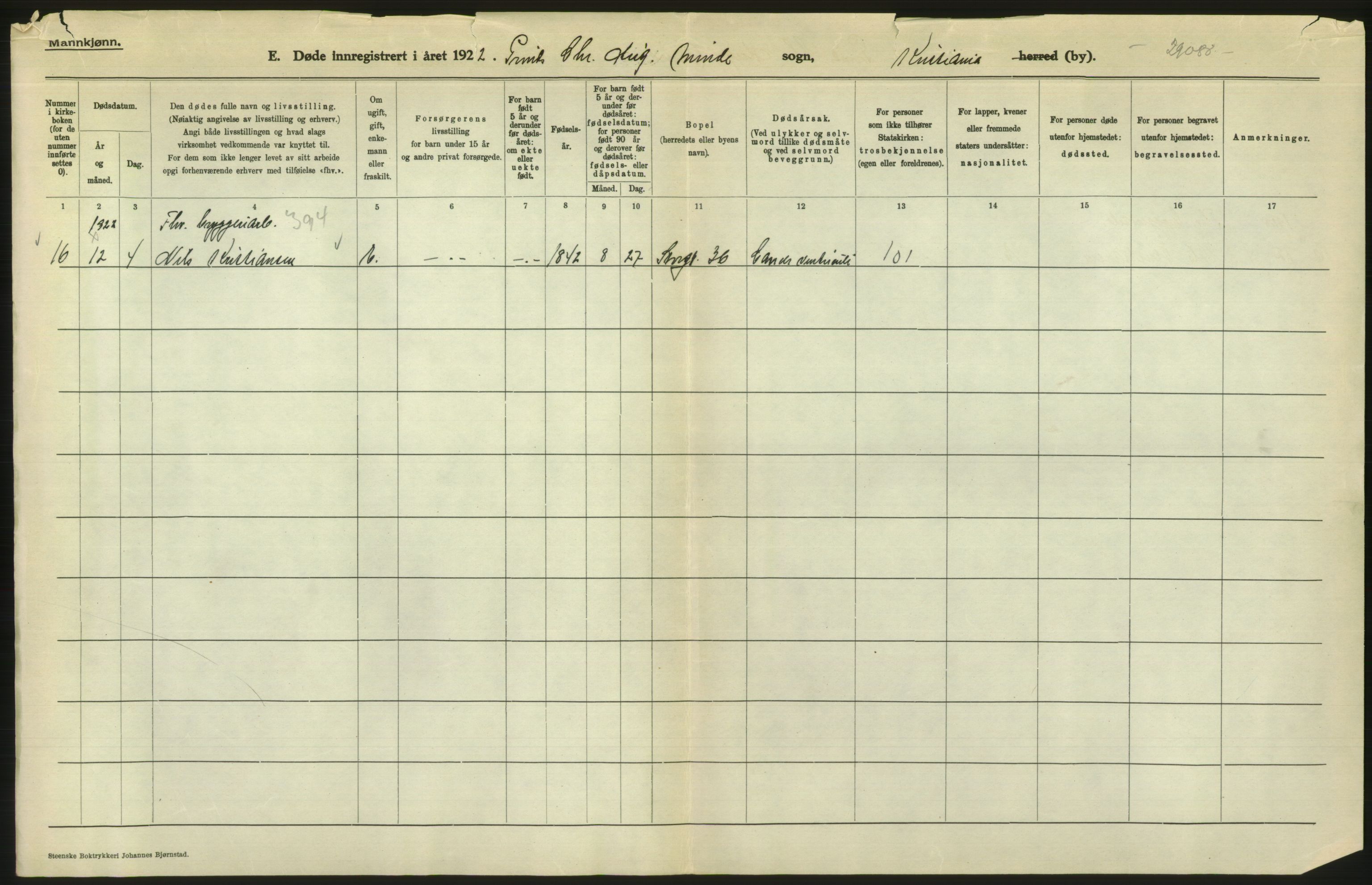 Statistisk sentralbyrå, Sosiodemografiske emner, Befolkning, AV/RA-S-2228/D/Df/Dfc/Dfcb/L0010: Kristiania: Døde, dødfødte, 1922, s. 698