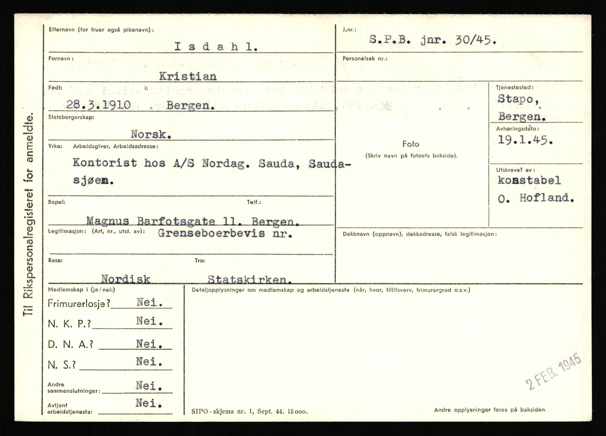 Statspolitiet - Hovedkontoret / Osloavdelingen, AV/RA-S-1329/C/Ca/L0007: Hol - Joelsen, 1943-1945, s. 2591
