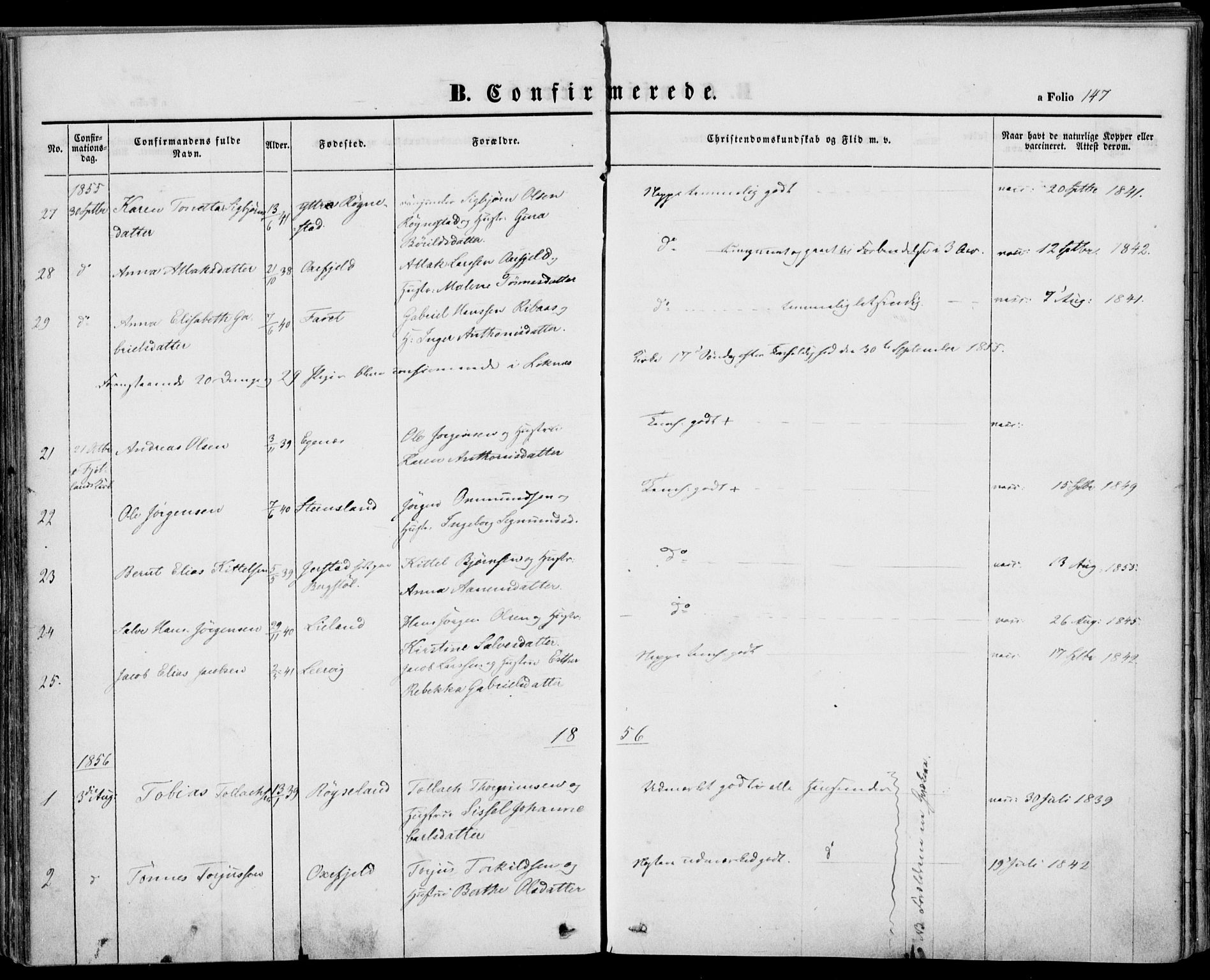 Kvinesdal sokneprestkontor, SAK/1111-0026/F/Fa/Fab/L0005: Ministerialbok nr. A 5, 1844-1857, s. 147