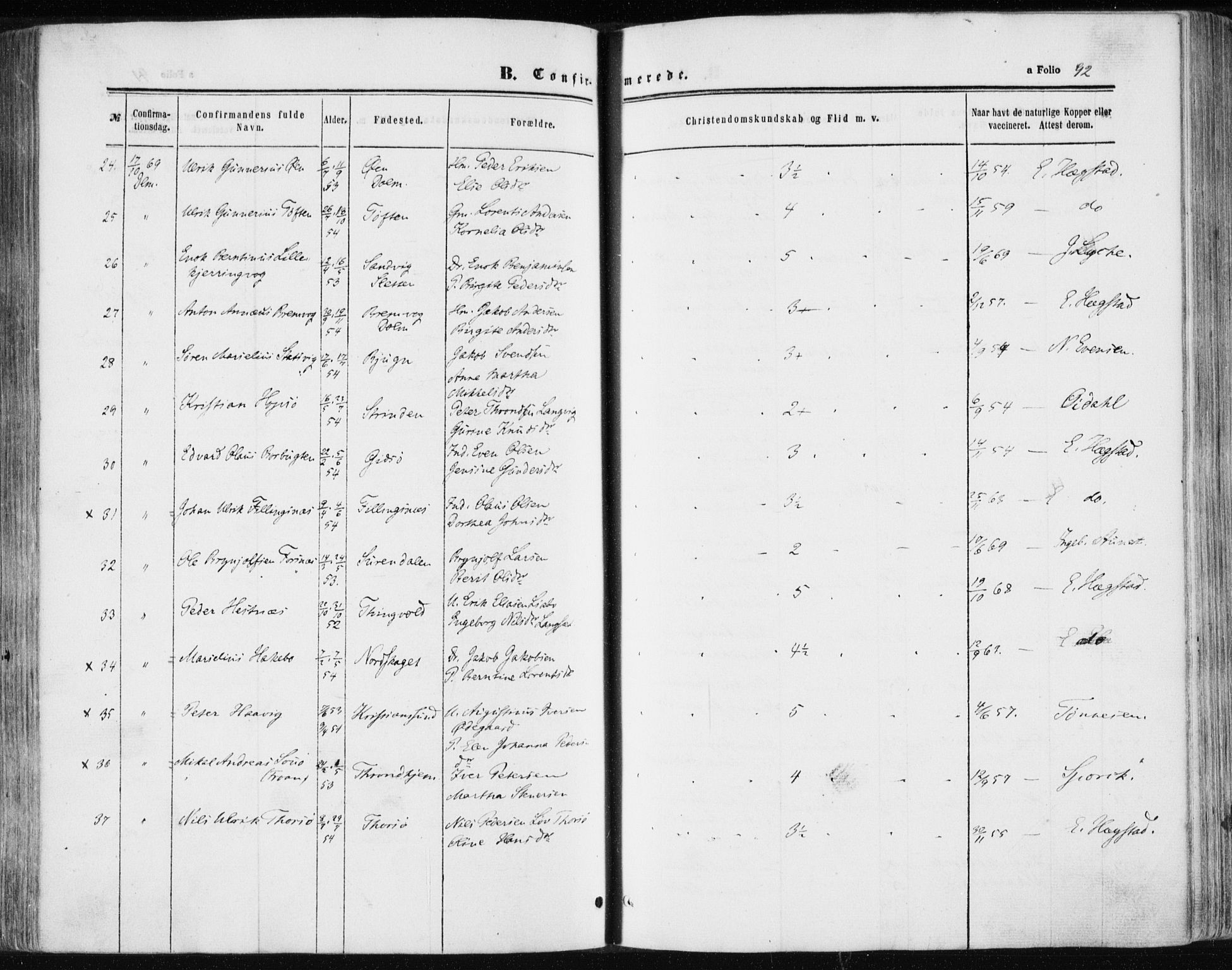 Ministerialprotokoller, klokkerbøker og fødselsregistre - Sør-Trøndelag, AV/SAT-A-1456/634/L0531: Ministerialbok nr. 634A07, 1861-1870, s. 92